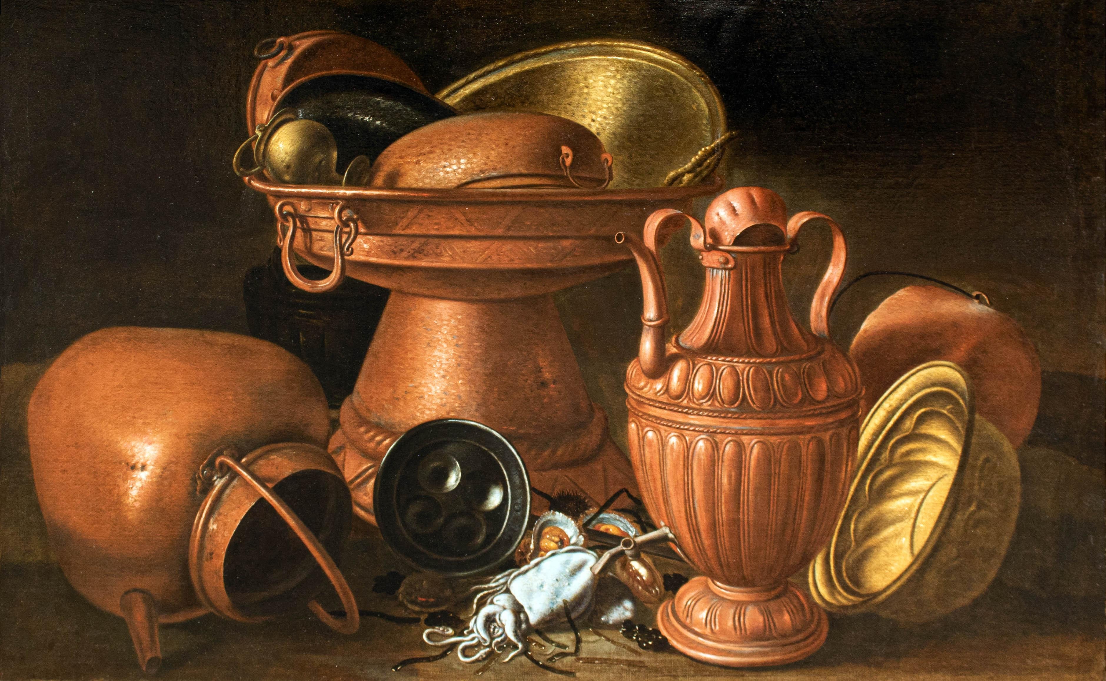 Still Life with Dishes Painting Oil on Canvas Giuseppe Ruoppolo For Sale 1