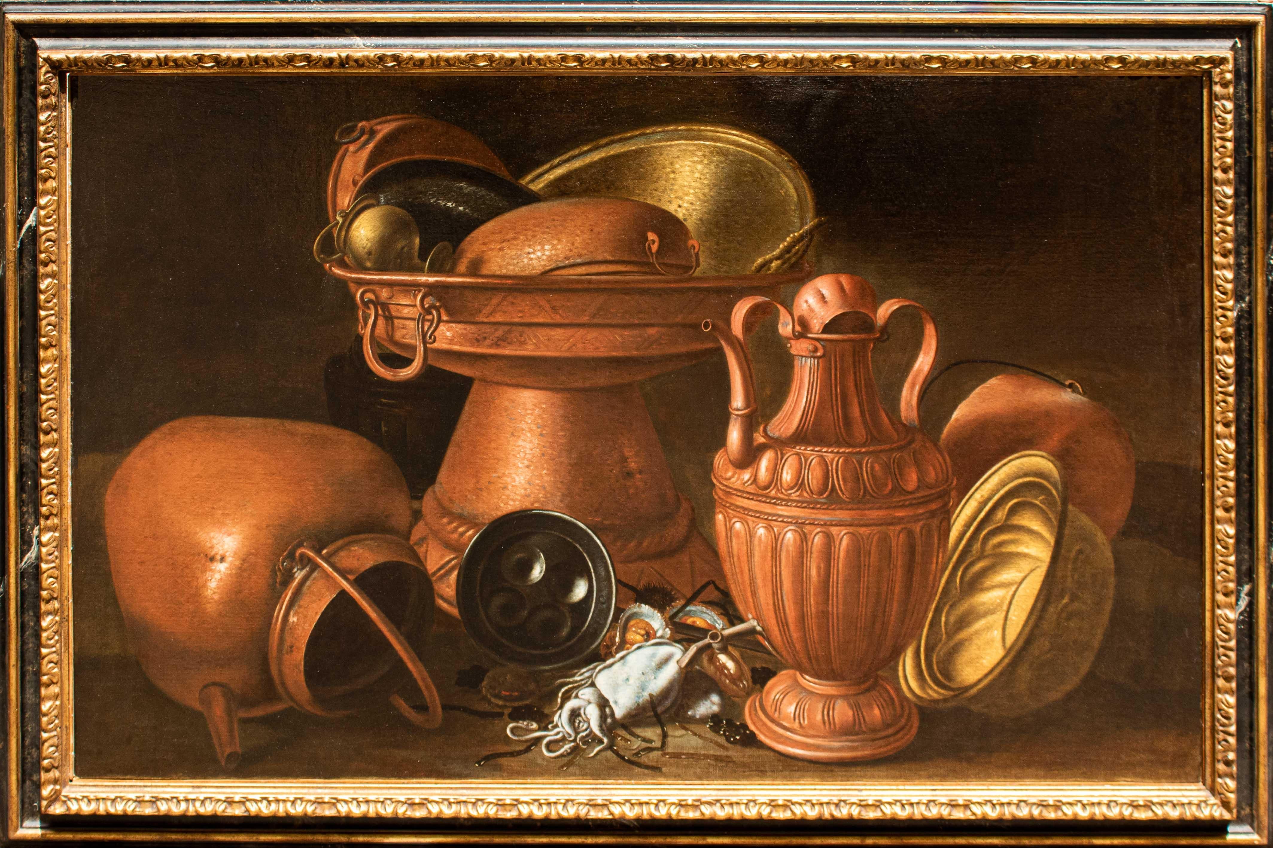 Joseph Ruoppolo (c. 1630 - 1710)

Still life with copper crockery, cuttlefish and oysters

Oil on canvas, 102 x 152 cm

Frame 122 x 172 cm

The absolute authorship of the present painting, also unsigned, to Giuseppe Ruoppolo, is to be found in the