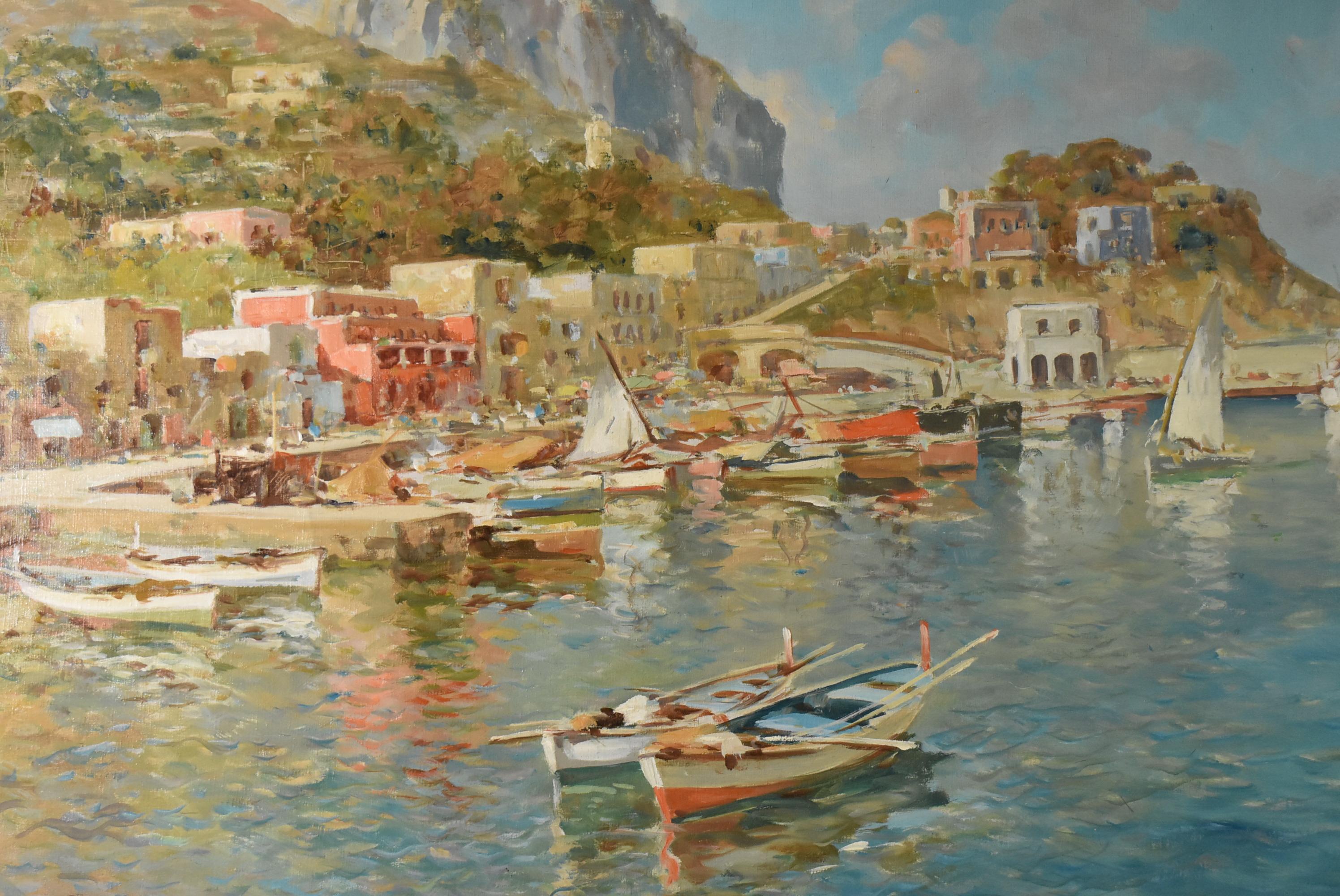 Escena portuaria italiana de Giuseppe Salvati (1900-1968) en óleo sobre lienzo. Preciosos colores cálidos y un marco original de los años 60. Firmado en la parte inferior izquierda. Tamaño total 41 1/2 x 30 1/2. Tamaño de la imagen 36