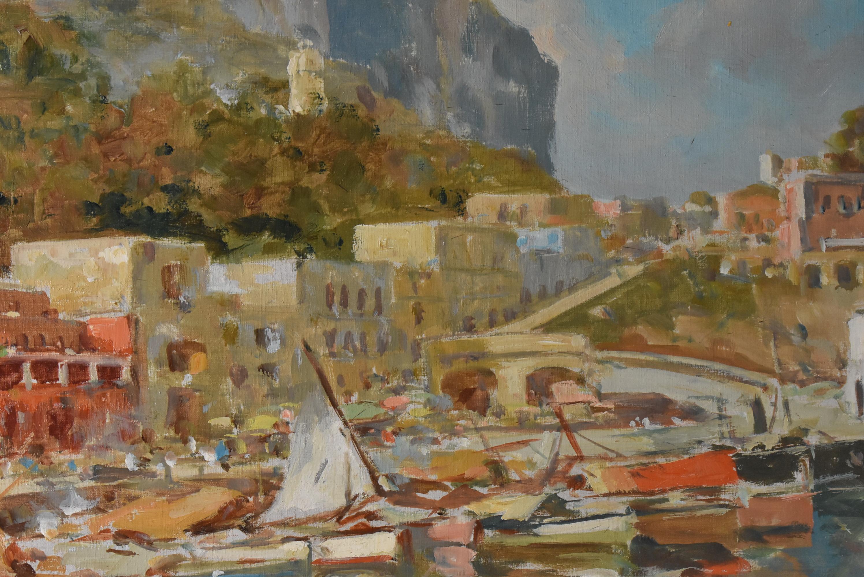 Giuseppe Salvati Pintura al óleo sobre lienzo Escena portuaria en Excelente estado para la venta en Toledo, OH