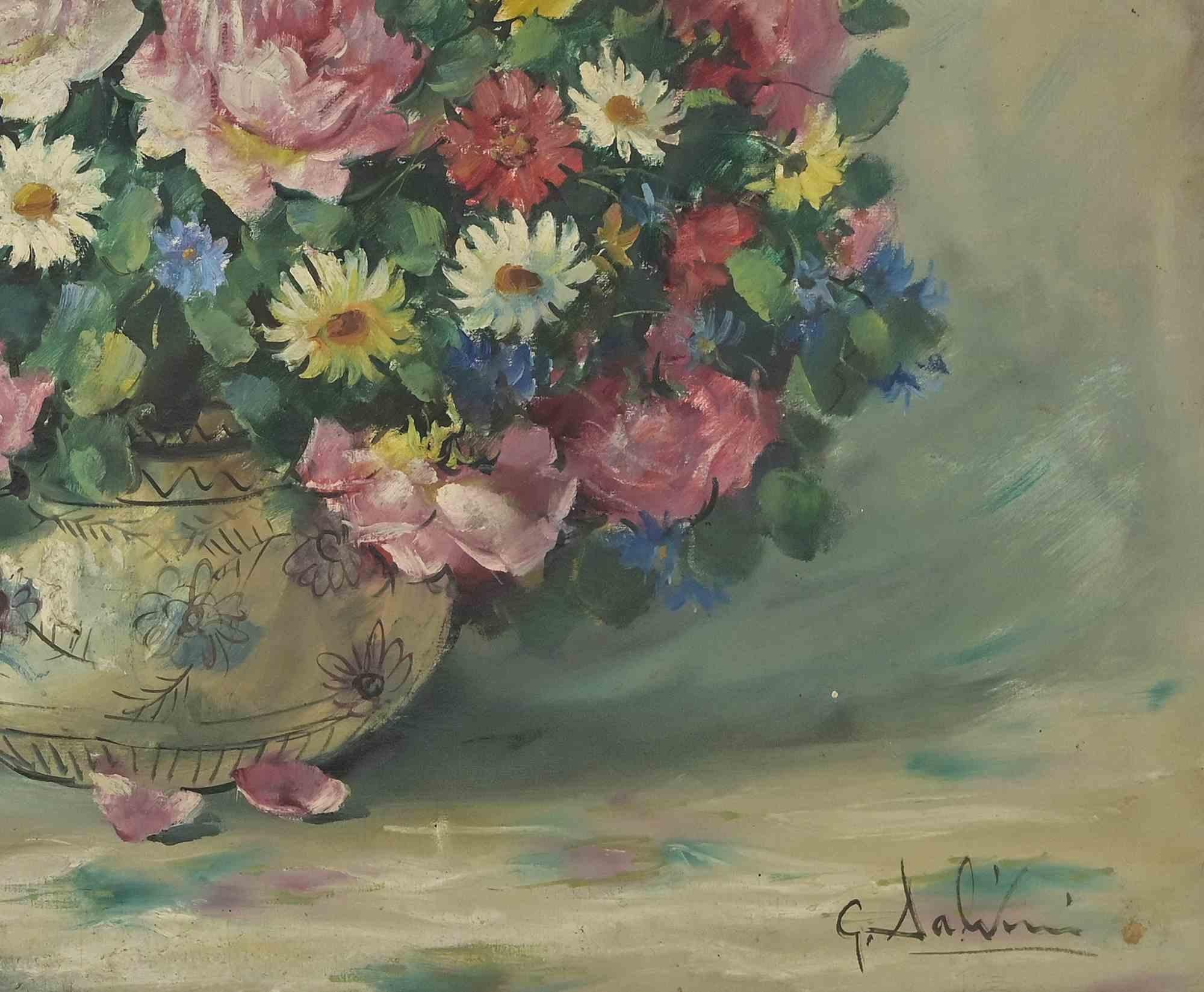 Nature morte de fleurs dans des caisses - Huile sur toile de G. Salvini - Milieu du XXe siècle - Painting de Giuseppe Salvini