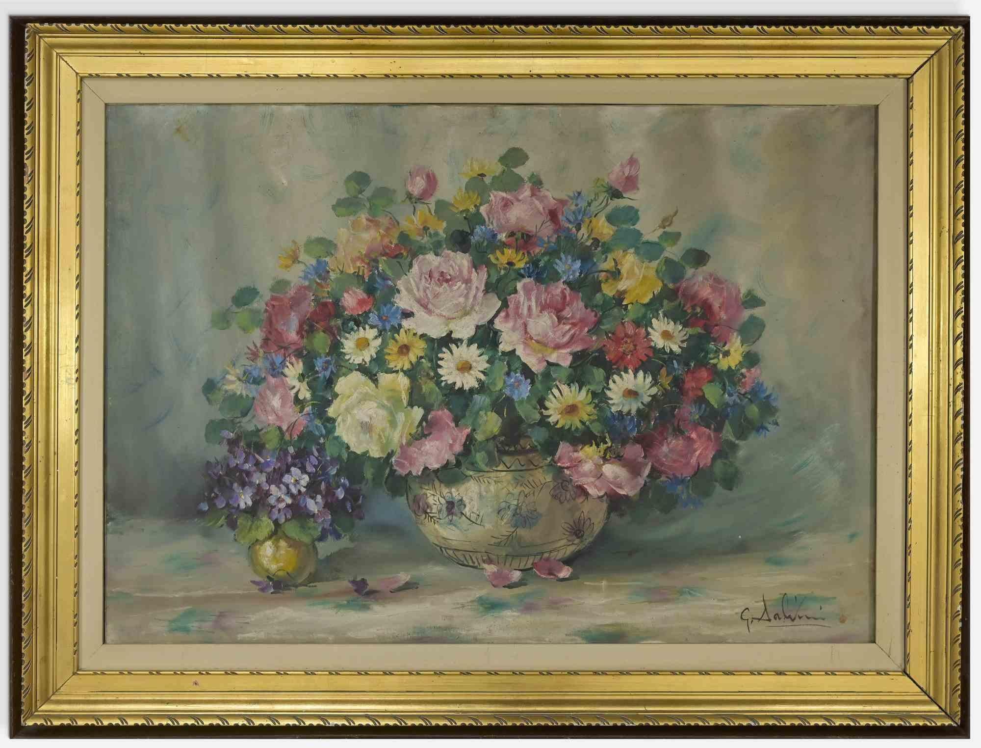 Still-Life Painting Giuseppe Salvini - Nature morte de fleurs dans des caisses - Huile sur toile de G. Salvini - Milieu du XXe siècle