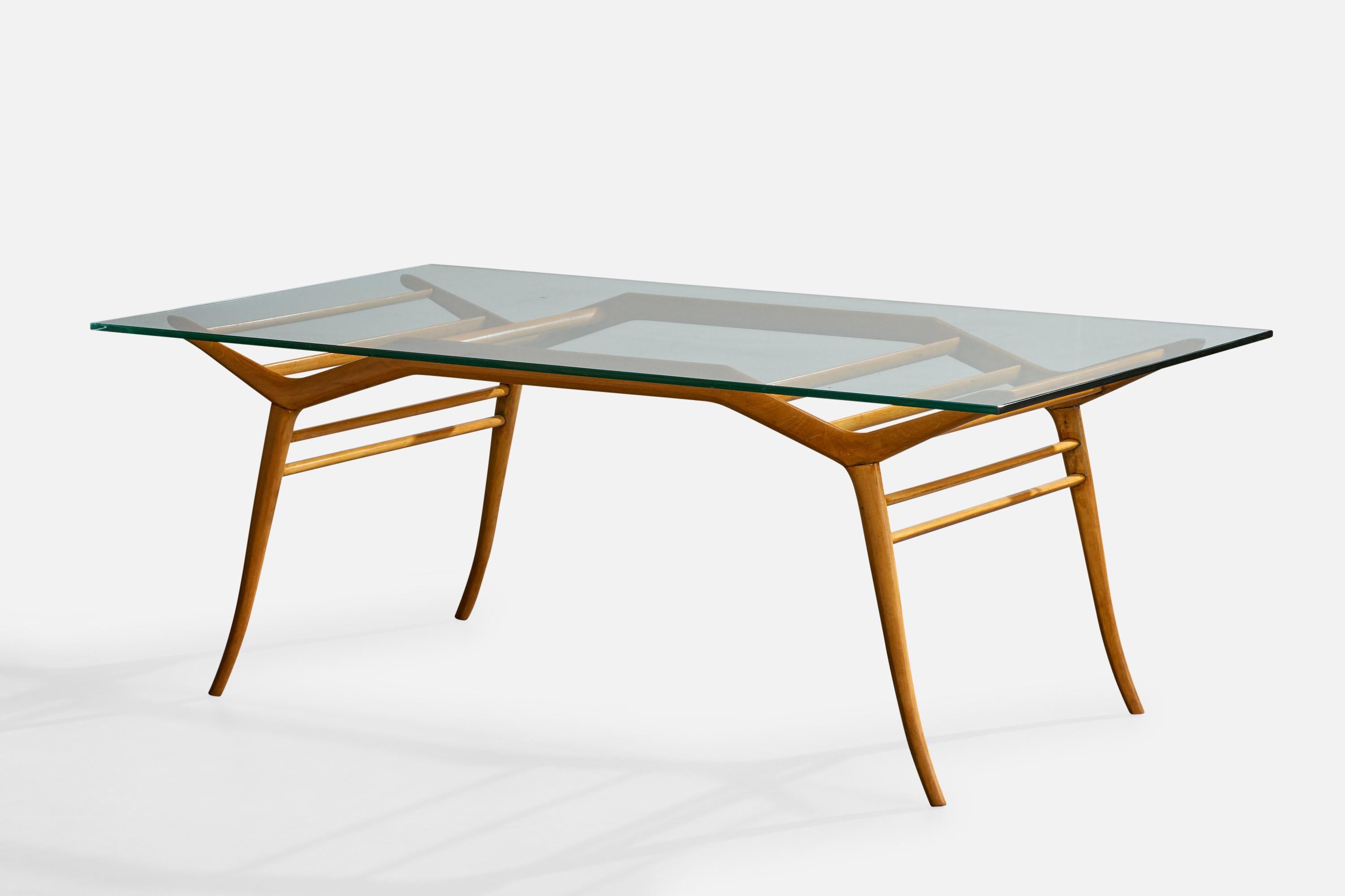 Table de salle à manger en bois et verre attribuée à Giuseppe Scapinelli, Brésil, c. 1950.

Petit éclat dans le verre près de l'un des coins.

Dimensions (pouces) : 29.8 