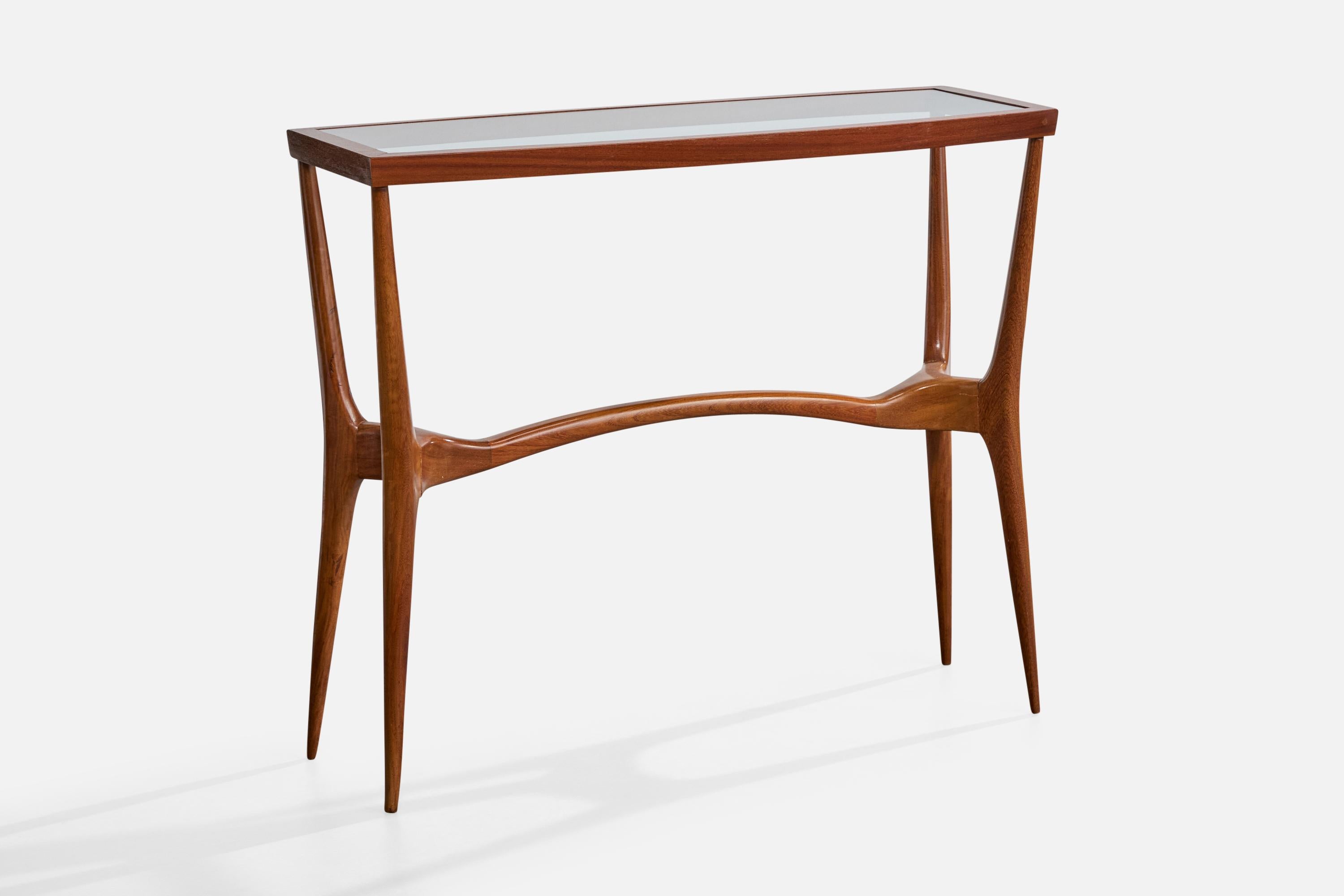 A wood and glass console table designed and produced by Giuseppe Scapinelli, Brazil, c. 1950s.

Release to joinery and hairline cracks present as illustrated. Structurally stable. Touch ups available upon request.

Overall Dimensions (inches):