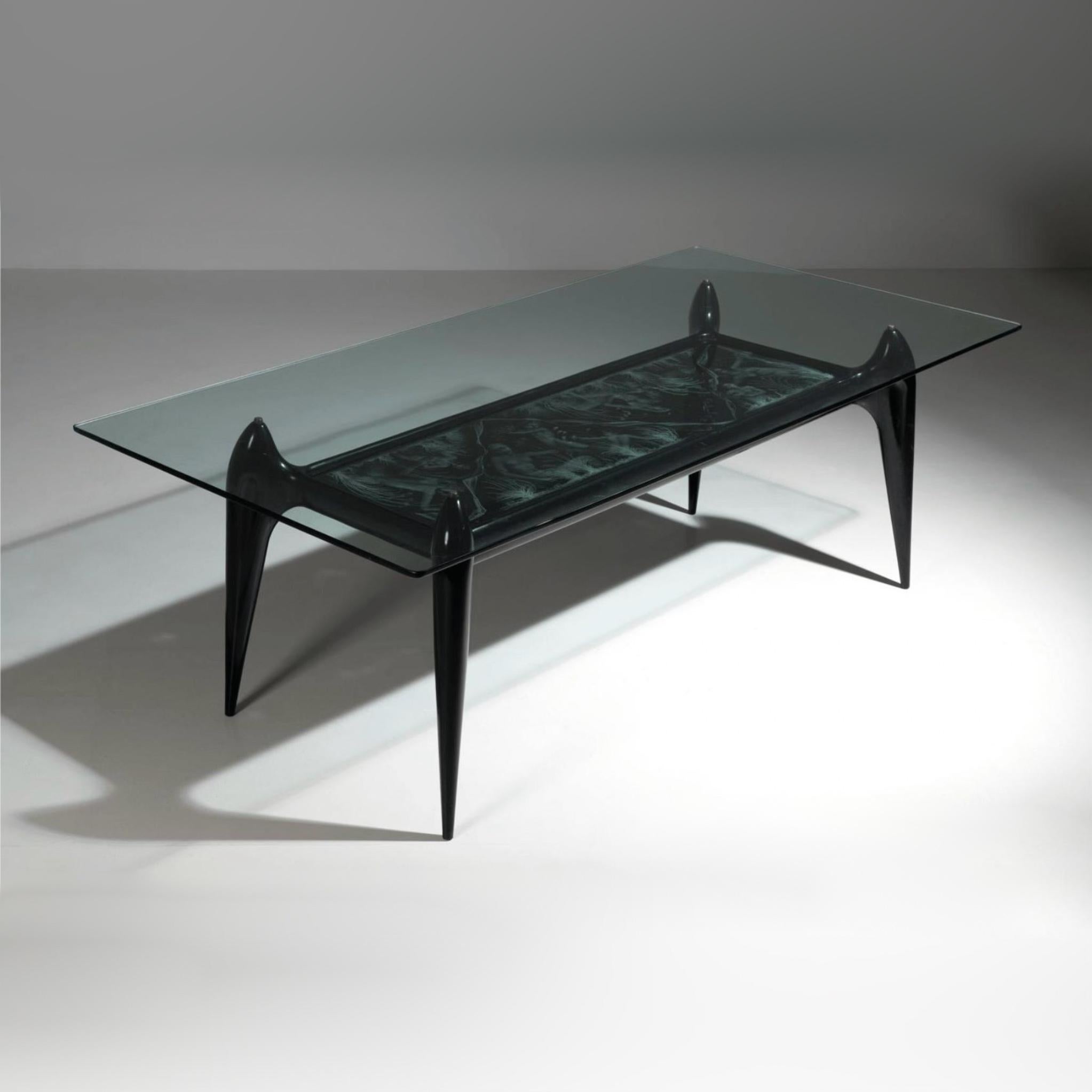 Giuseppe Scapinelli (1891-1982)
Dining Table (unique piece), 1958
Label 'Movelena Moveis e decoracoes - Irmaos Zapparoli'
Lacquered Pau-marfim wood, glass painted by Demarchis (signed and dated 1958) and smoked glass
77 x 220 x 110 cm
30 31/100 x 86