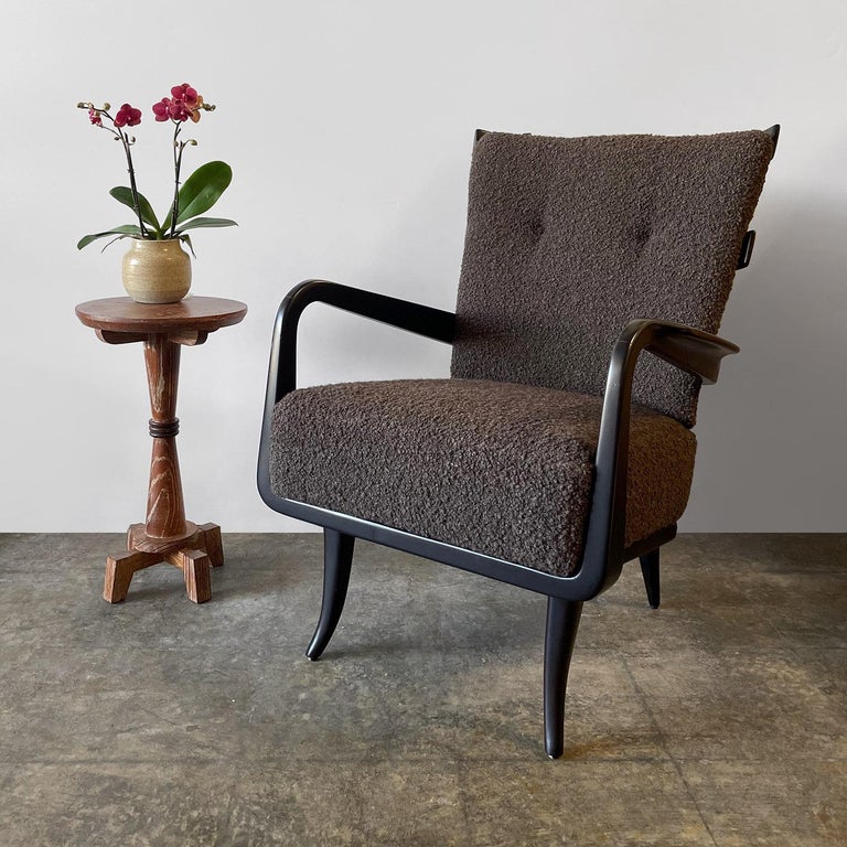 Giuseppe Scapinelli lounge chair
Brazil, circa 1960’s
Sculptural piece with architectural details
Ebonized lacquered wood frame
Newly upholstered cushions in a rich charcoal bouclé.