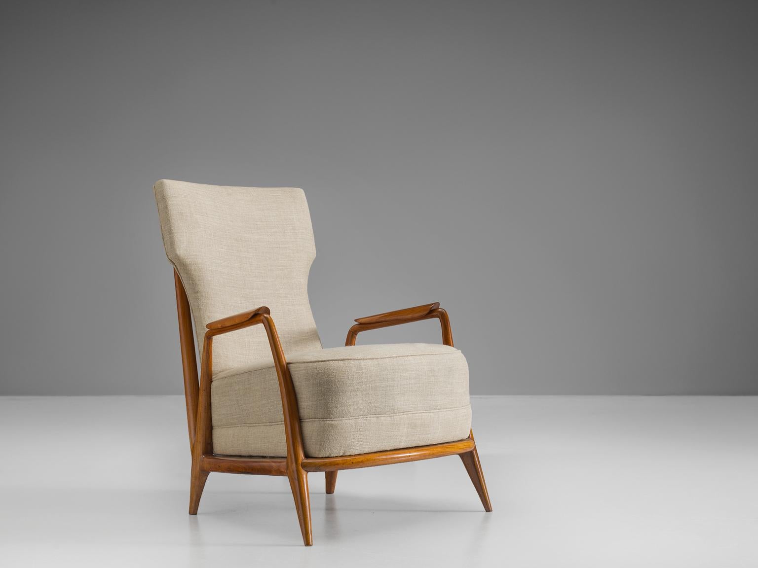 Giuseppi Scapinelli, lounge chair, caviuna wood and fabric, 1950s, Brazil.

Elegant easy chairs with spoke back. This chair in caviuna rosewood exposes the beautiful grain of the wood in an eloquent manner. This chair is one of Scapinelli's his most