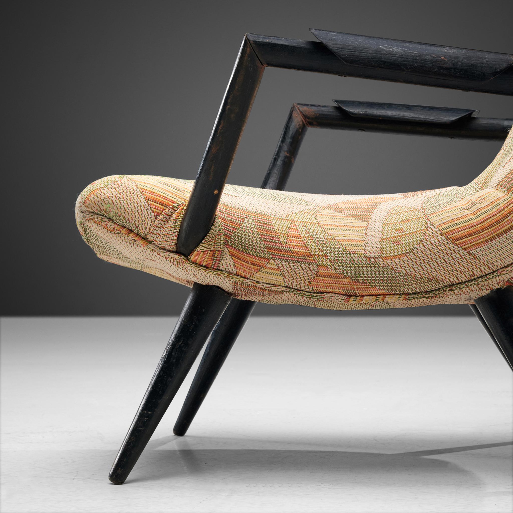 Brazilian Giuseppe Scapinelli Lounge Chair in Patterned Upholstery and Black Wooden Frame