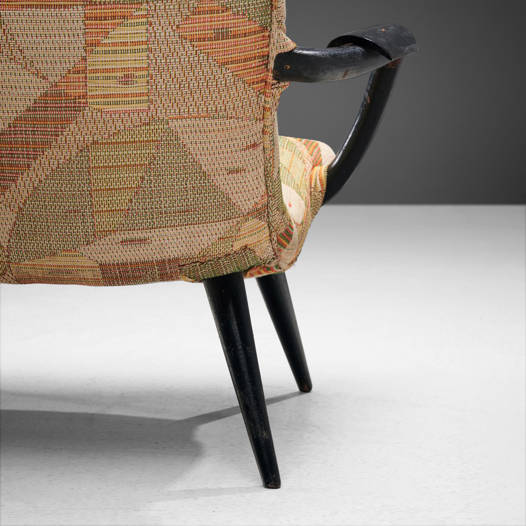 Giuseppe Scapinelli Lounge Chair in Patterned Upholstery and Black Wooden Frame In Good Condition In Waalwijk, NL