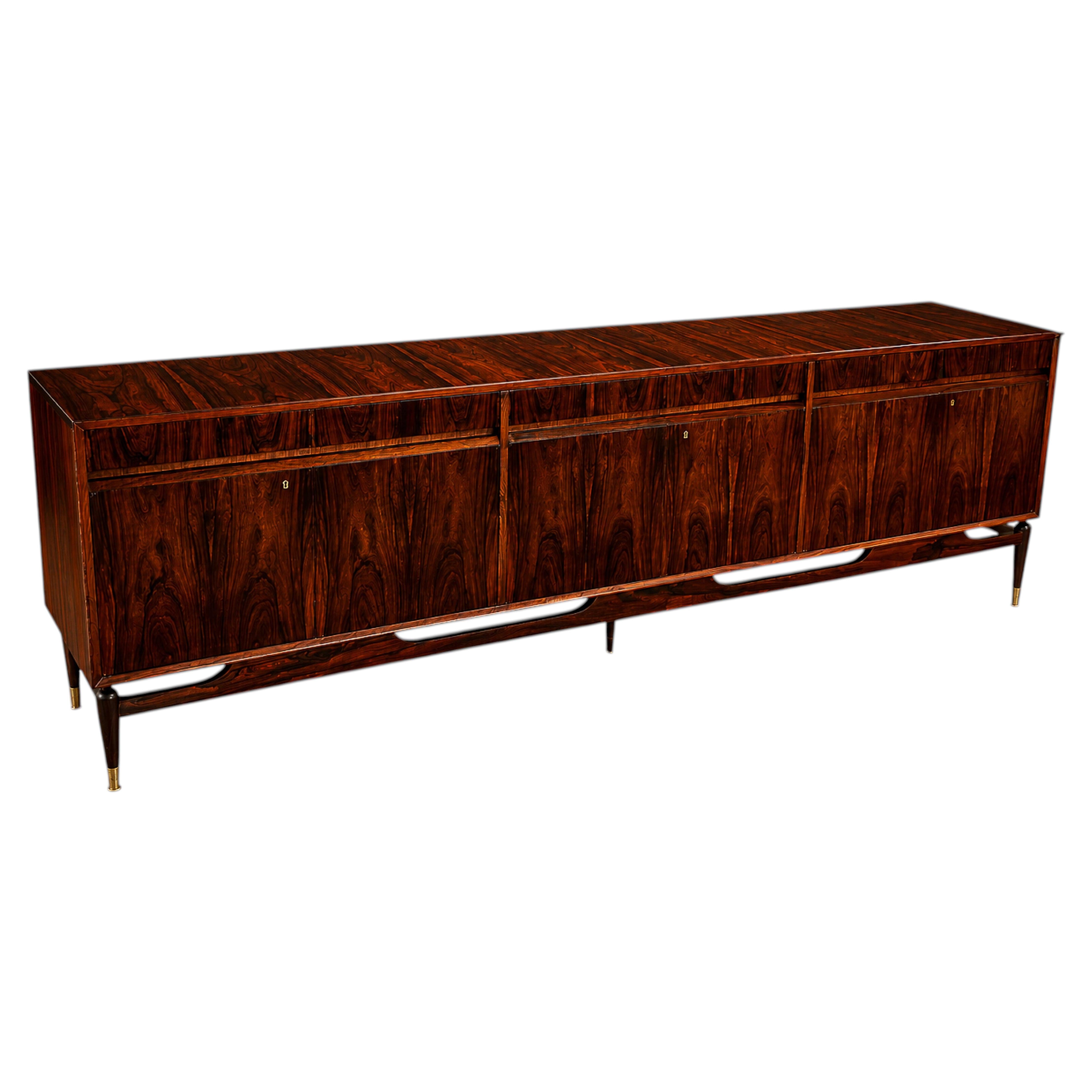 Giuseppe Scapinelli Rosewood Credenza with Brass Sabots, Brazilian Modern, 1950s