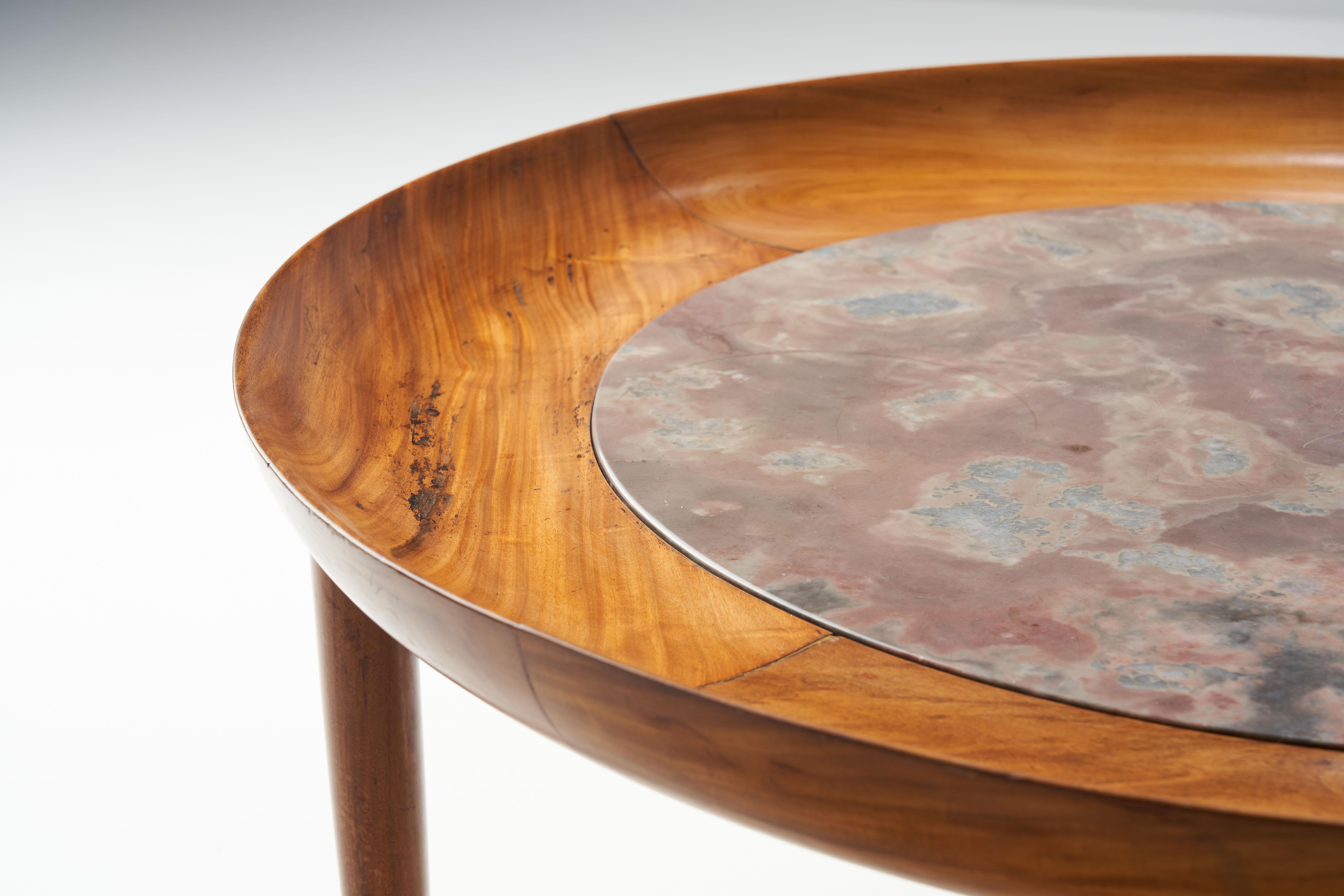 Giuseppe Scapinelli Round Coffee Table in Caviuna and Marble, Brazil 1960s 4