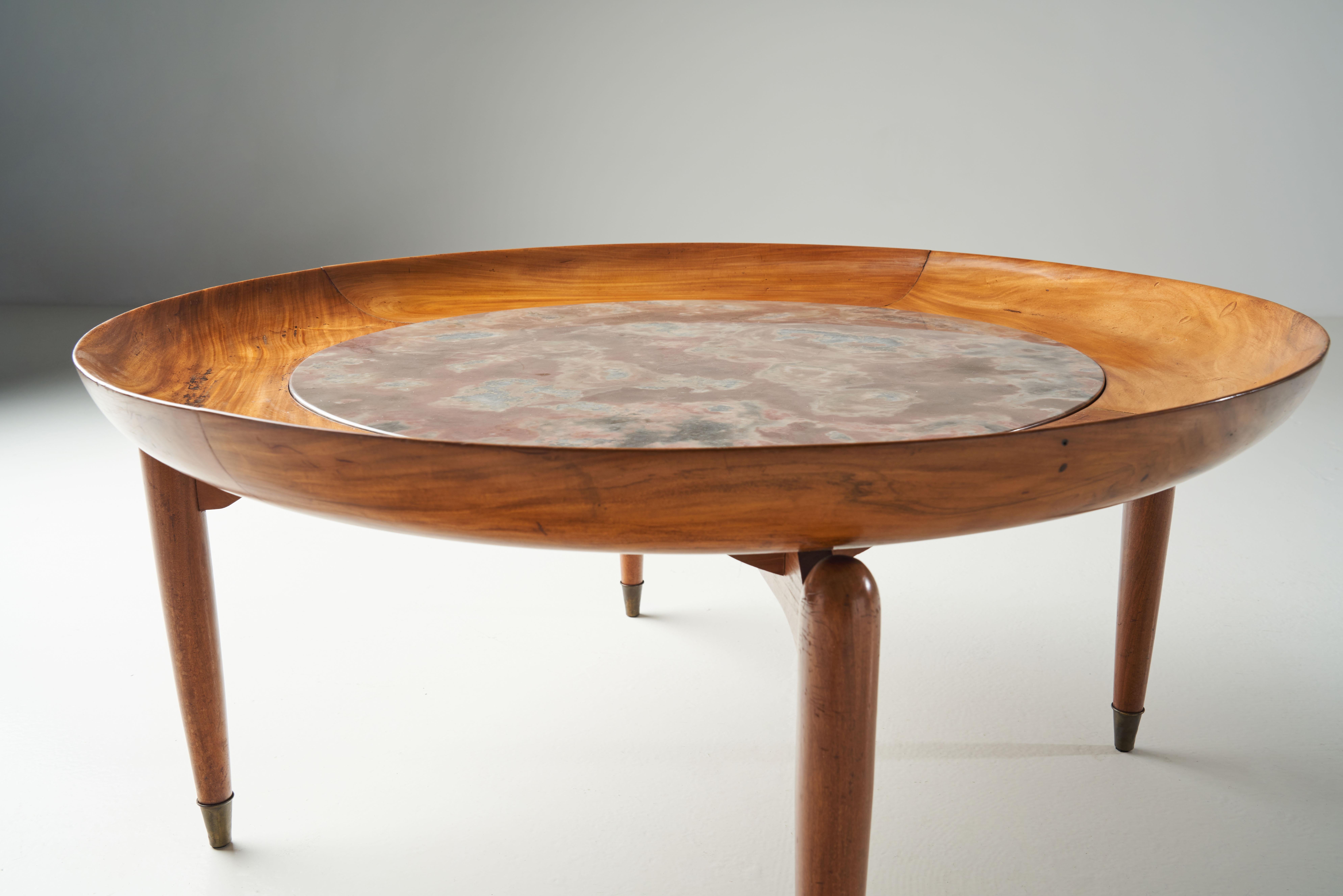 Giuseppe Scapinelli Round Coffee Table in Caviuna and Marble, Brazil 1960s 5