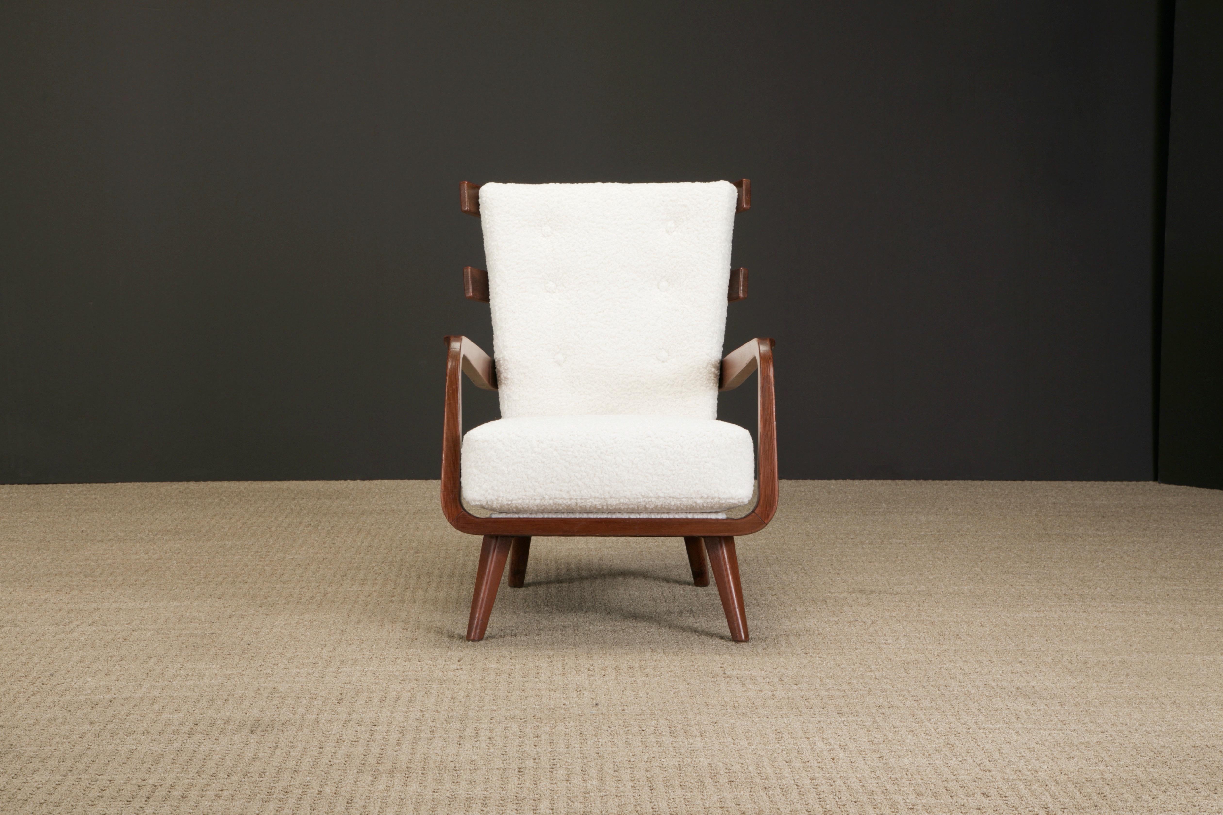 This gorgeous sculptural armchair by Giuseppe Scapinelli was crafted in Brazil circa 1960 and freshly reupholstered with luxurious bouclé fabric. Quintessential Brazilian Modernism with the refined elegance that Italian-born Scapinelli was known