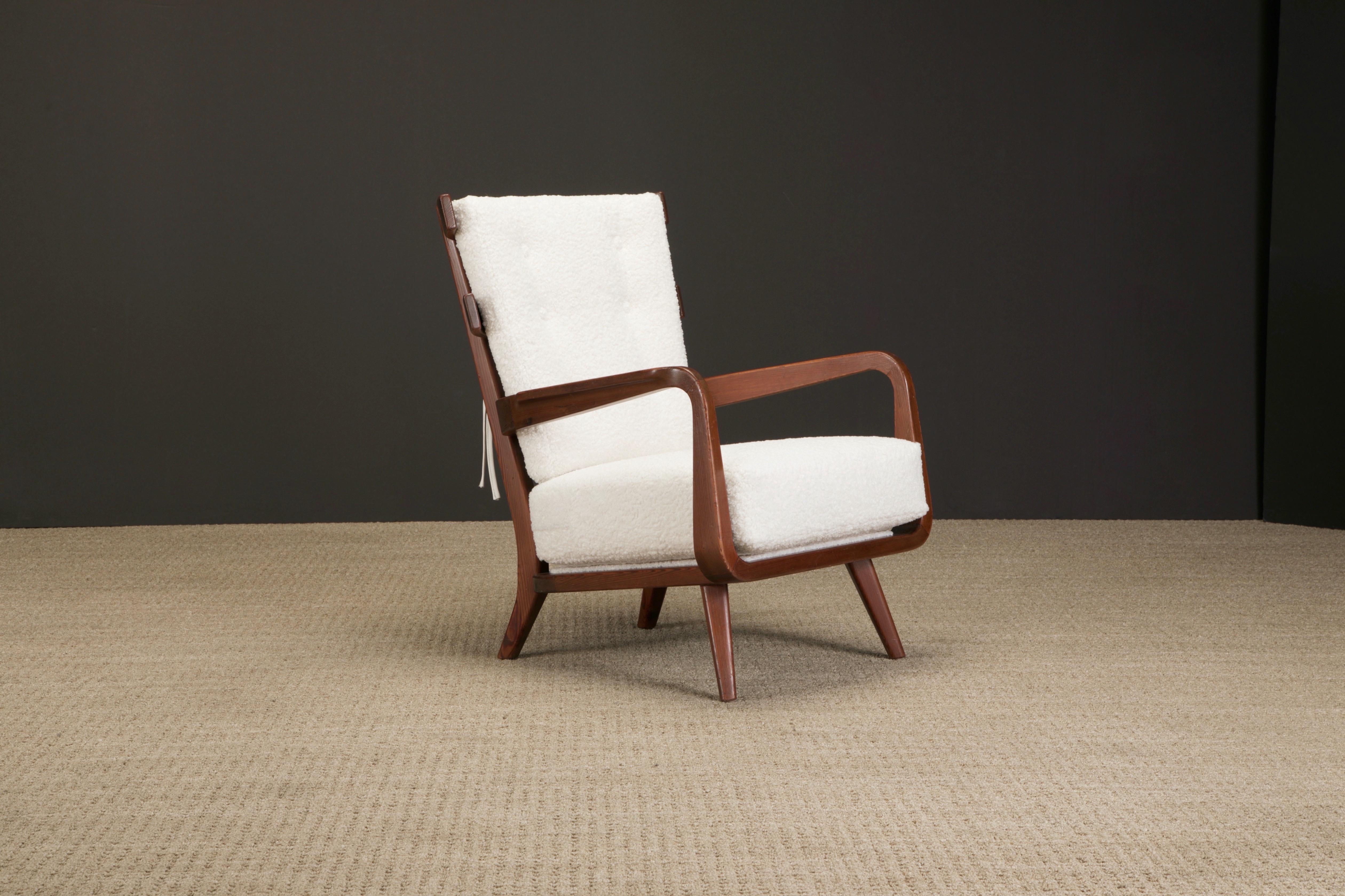 Mid-Century Modern Giuseppe Scapinelli Sculptural Armchair Reupholstered in White Bouclé, c 1960