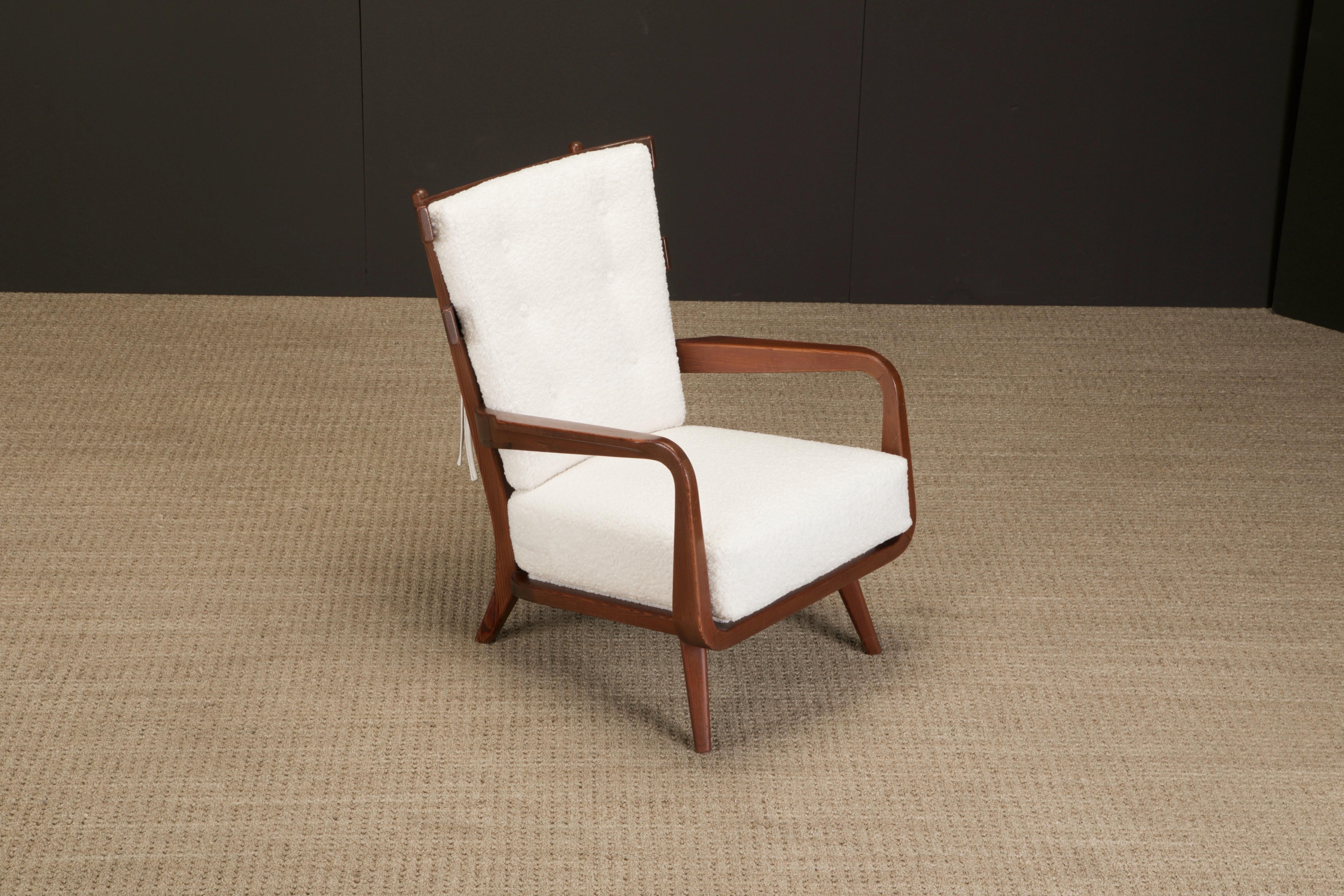 Brazilian Giuseppe Scapinelli Sculptural Armchair Reupholstered in White Bouclé, c 1960