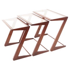 Giuseppe Scapinelli Set of Three Nesting Side Tables, Teak and Glass, 1950