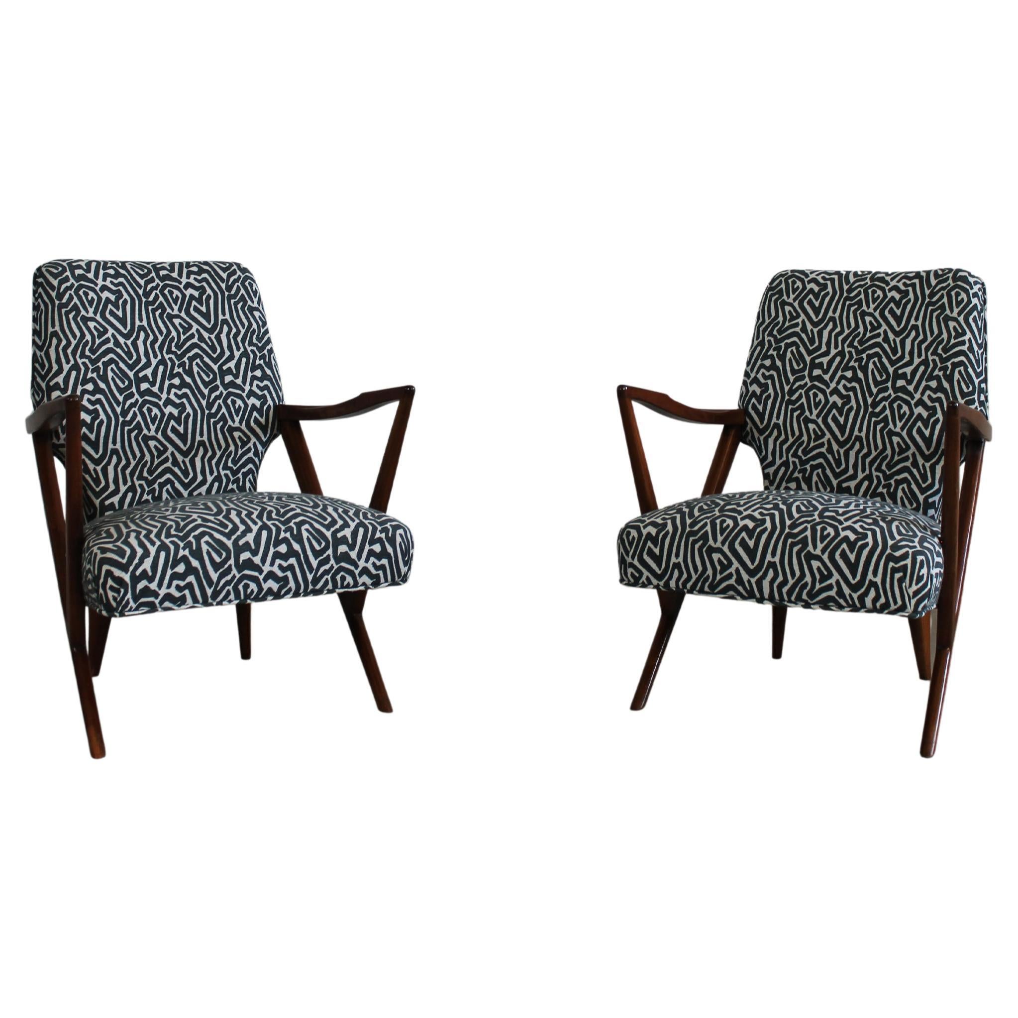 Giuseppe Scapinelli Set of Two Armchairs in Walnut and Printed Fabric 1955