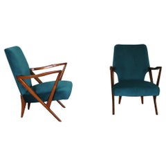 Giuseppe Scapinelli Set of Two Armchairs in Walnut Wood and Fabric 1950s
