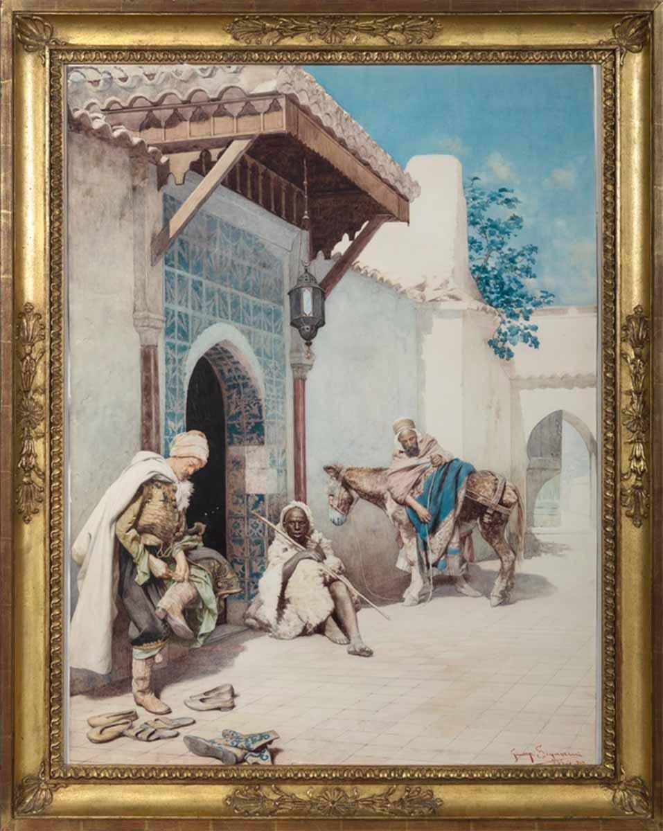 Giuseppe Signorini Acquerello orientalista "L'entrata di una moschea"