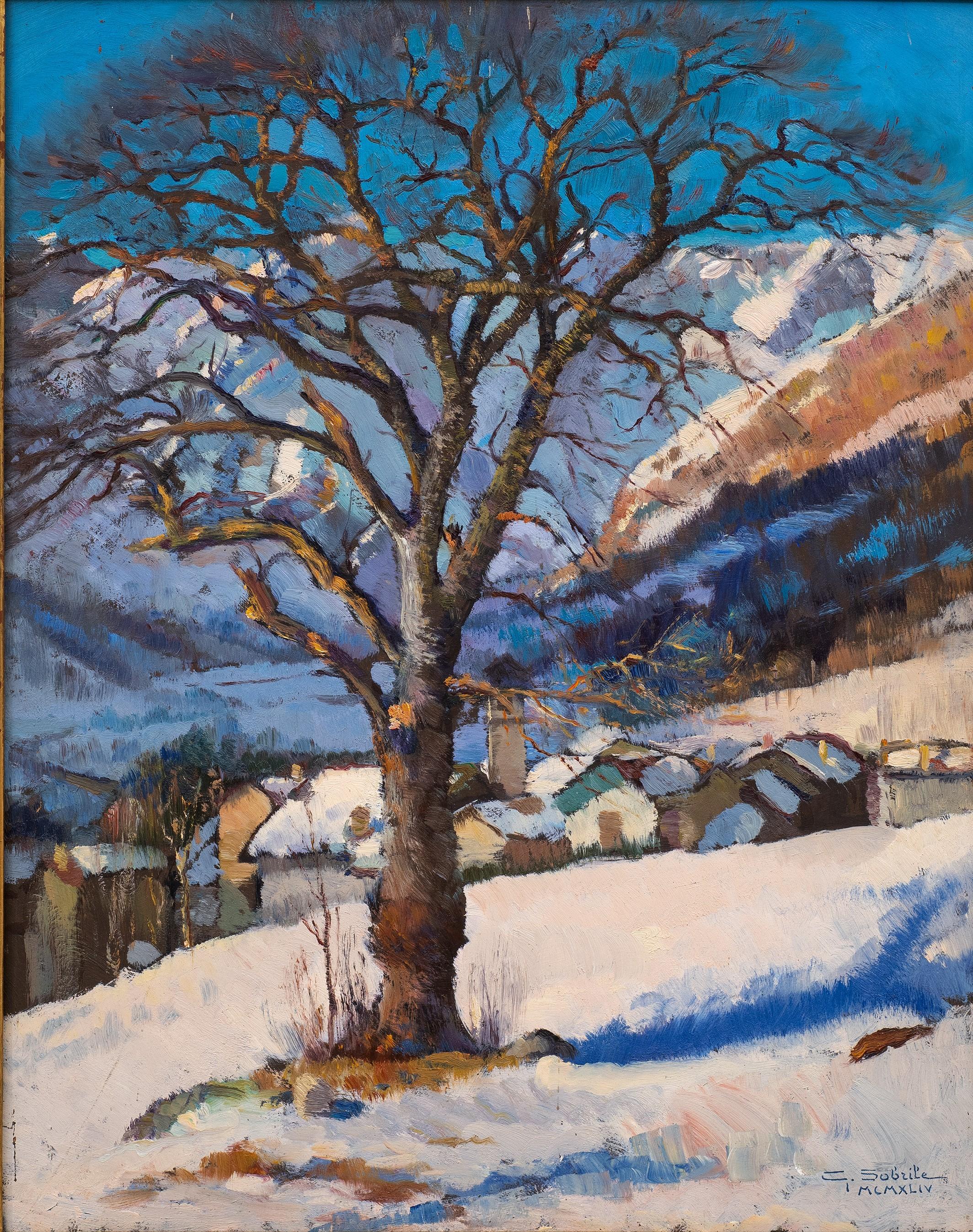 « Paysage scintillant, village des Alpes italiennes, 1944 » Giuseppe Sobrile (1879-1956) en vente 1