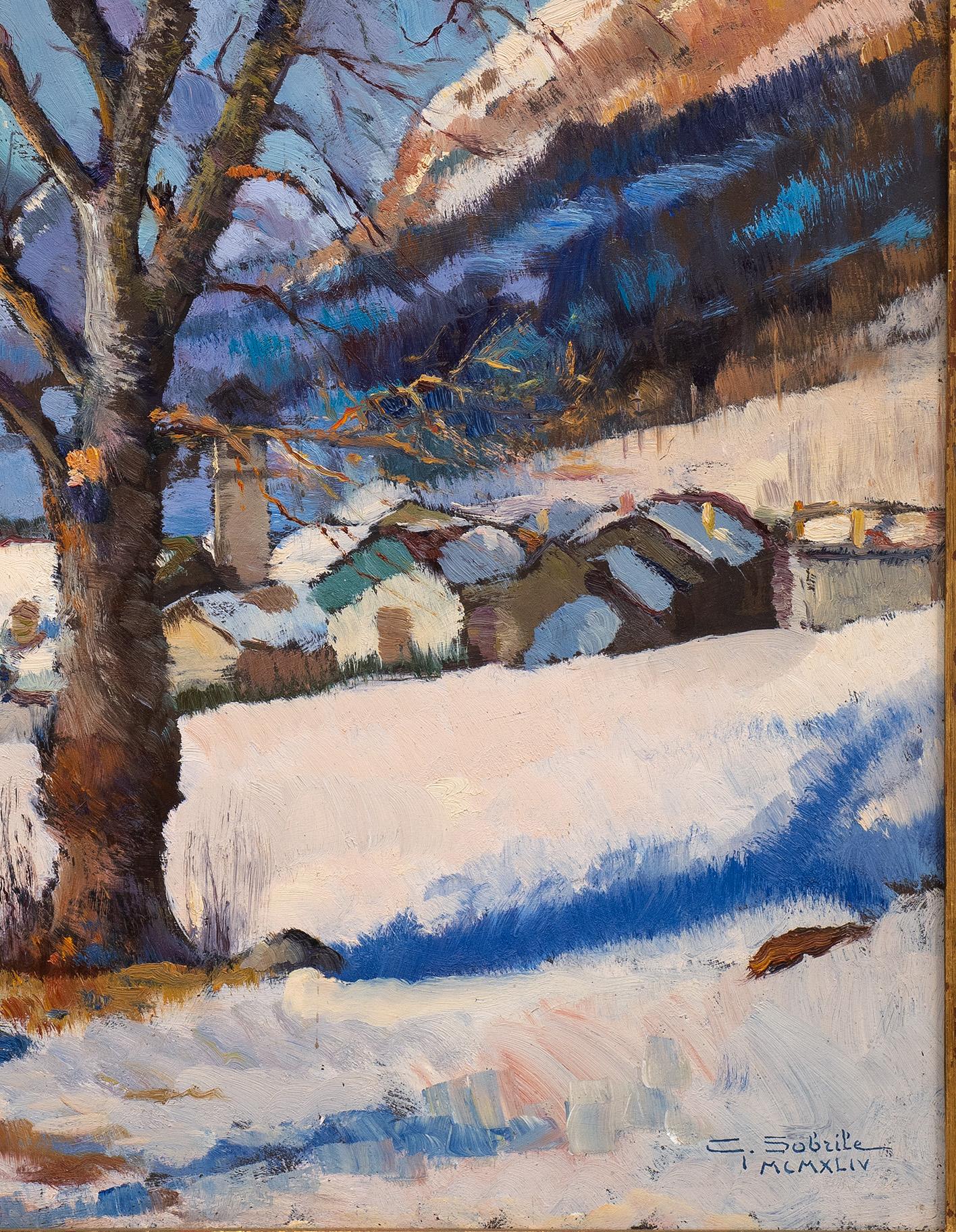 « Paysage scintillant, village des Alpes italiennes, 1944 » Giuseppe Sobrile (1879-1956) en vente 5