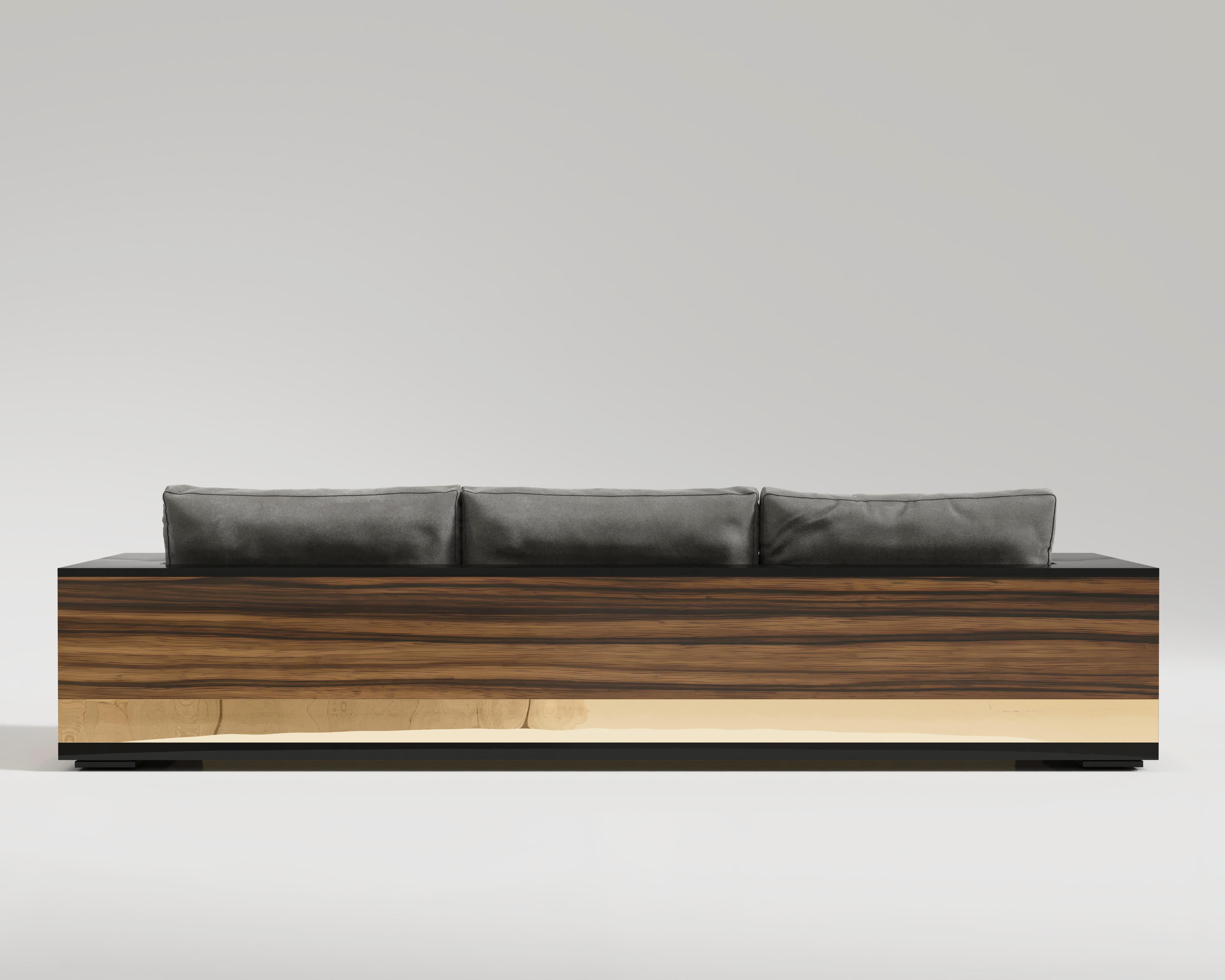 Lacquered Giuseppe Sofa in American Walnut by Polished Bronze For Sale