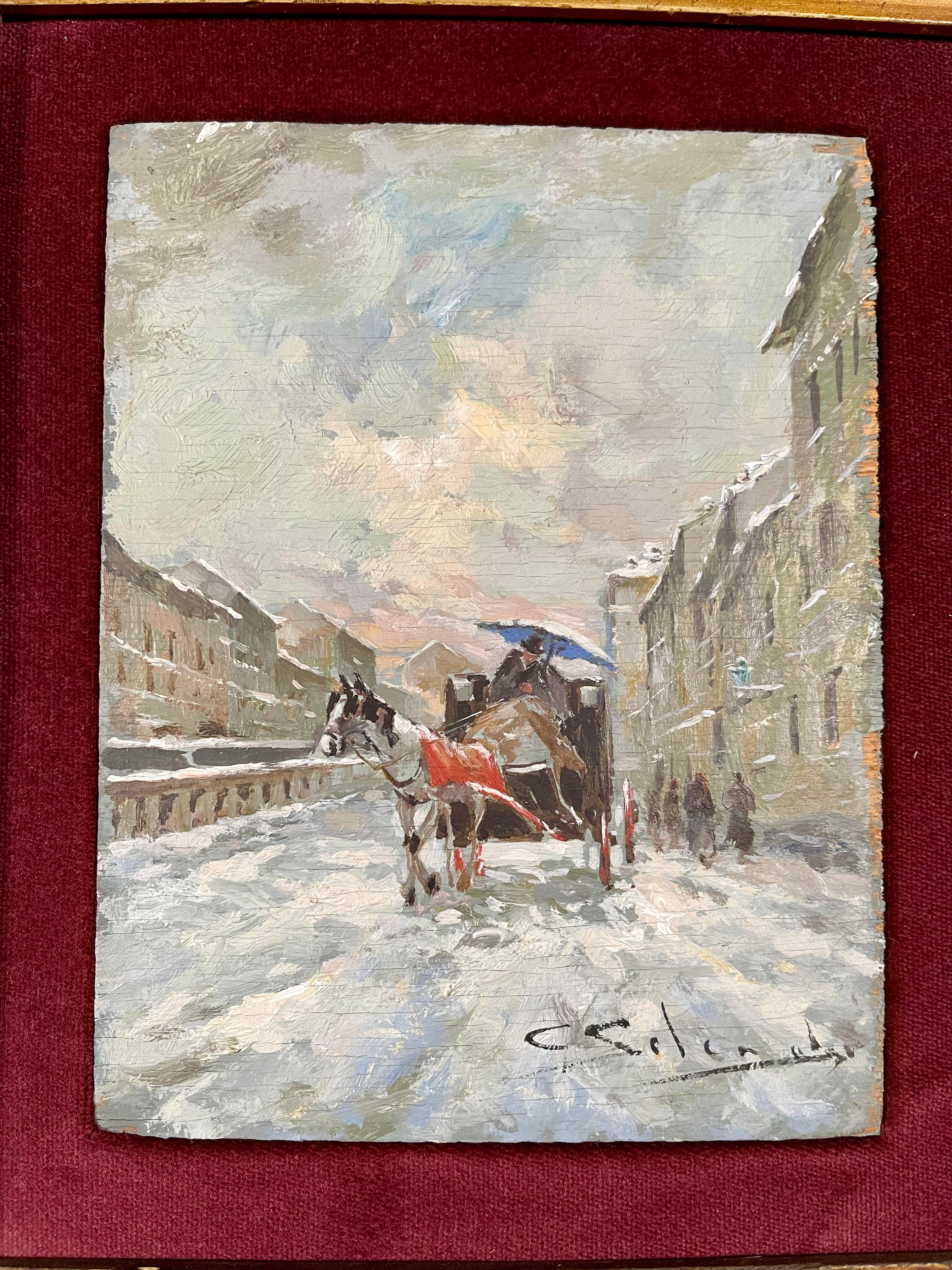 Beautiful oil on panel painting by the great Milanese artist Giuseppe Solenghi signed at lower right.
It depicts a classic his foreshortening of Milan under the snow of the Bella Epoque.
Dimensions with frame cm 23 x 28
Every item in our Gallery