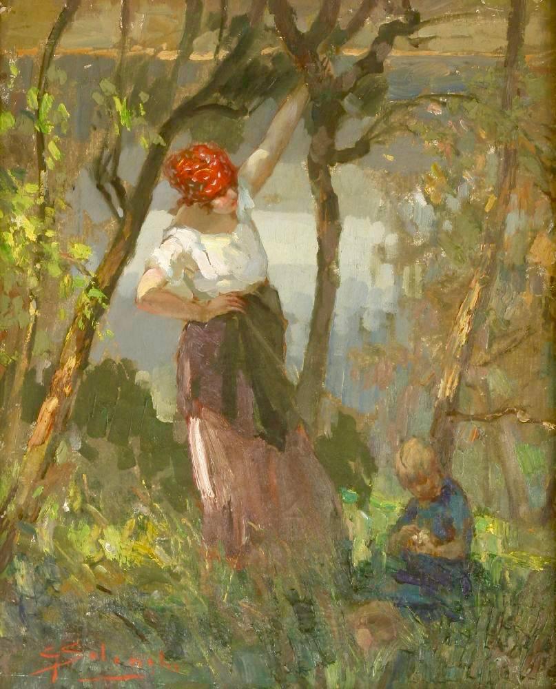 Mother and Child In An Orchard - Painting by Giuseppe Solenghi