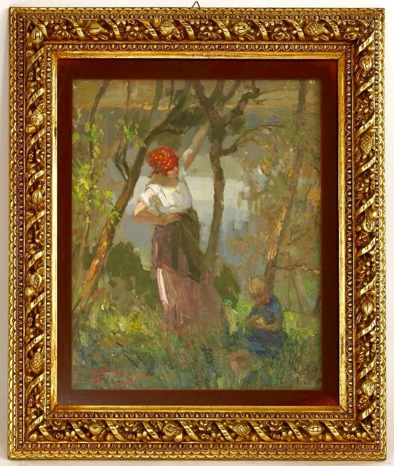 Giuseppe Solenghi Portrait Painting - Mother and Child In An Orchard