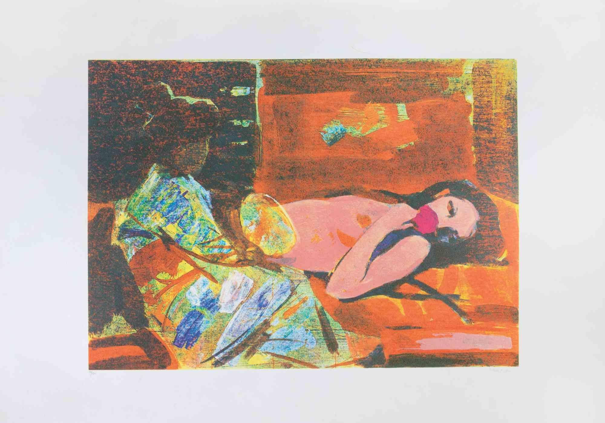 Siesta  is a print realized by the Italian artist Giuseppe Tampieri in 1988.

Mixed colored screen print.

Hand-signed  by the artist on the lower left. Numbered on the lower right. Edition of 150.

Very good conditions, except for some shadings on