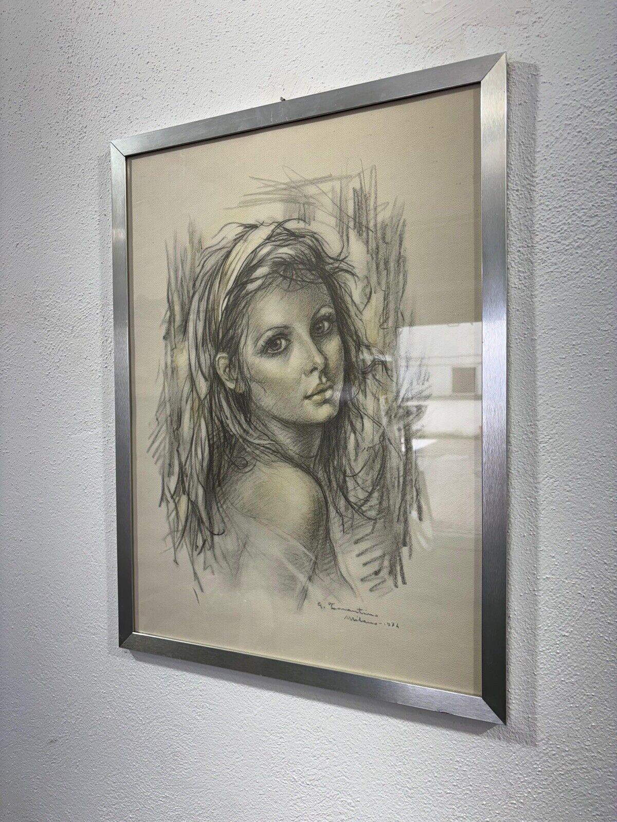 Italian Giuseppe Tarantino lithograph face Young Woman Milan 1974 For Sale