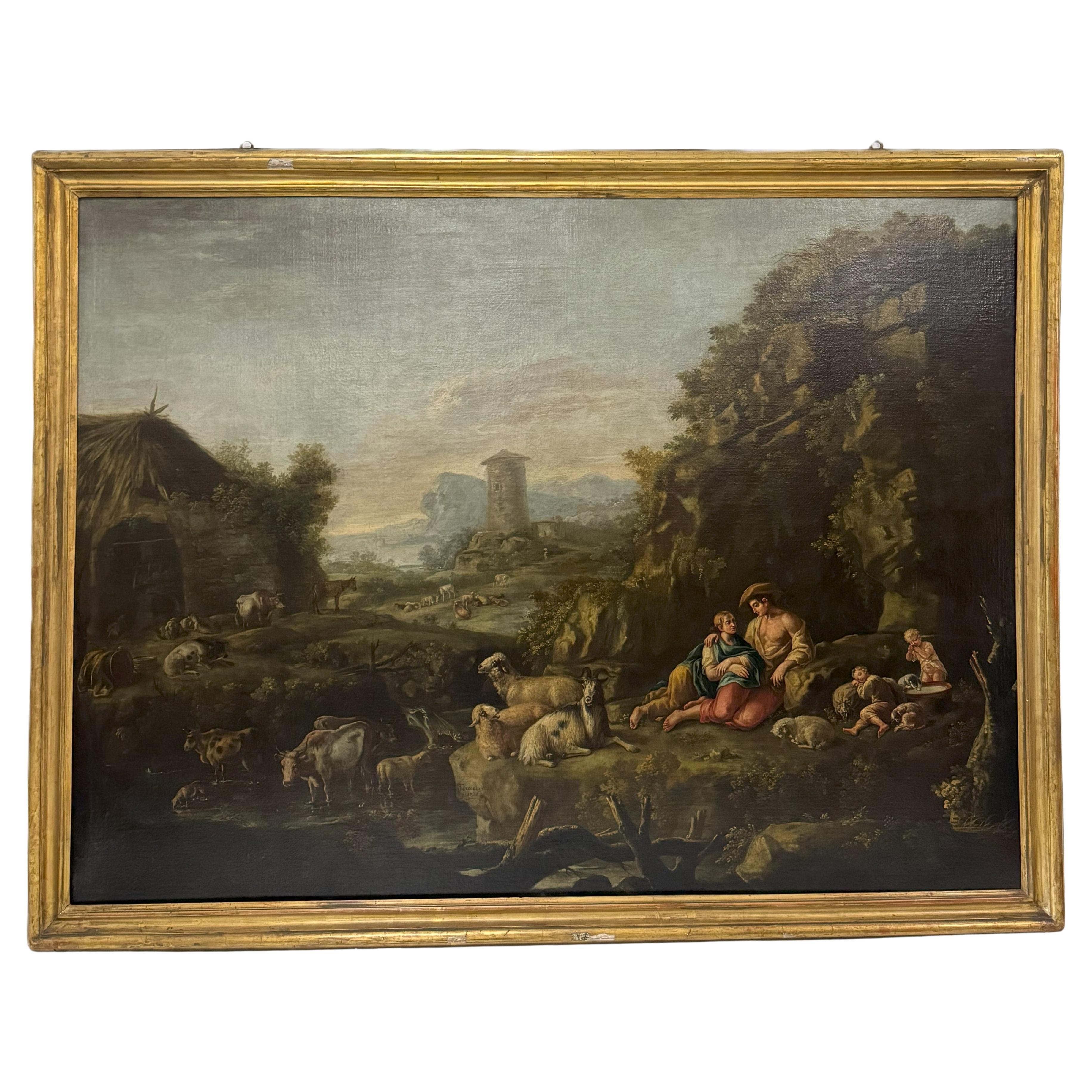 Giuseppe Tassoni 'Paisaje con rebaños y una familia de pastores'.