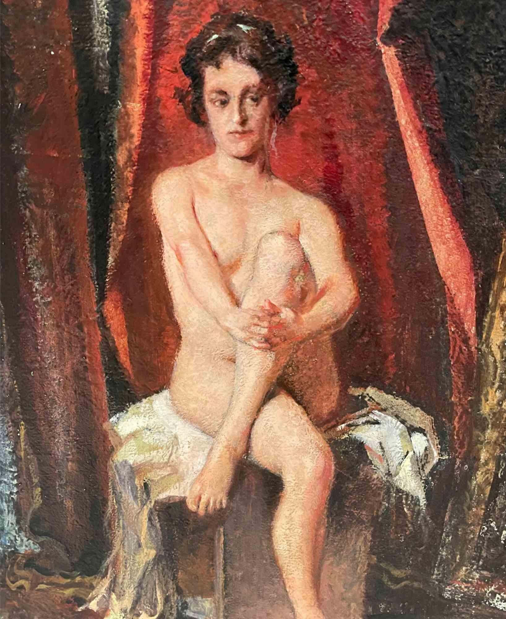 Nu assis - Peinture à l'huile de Giuseppe Torelli - années 1950 en vente 1