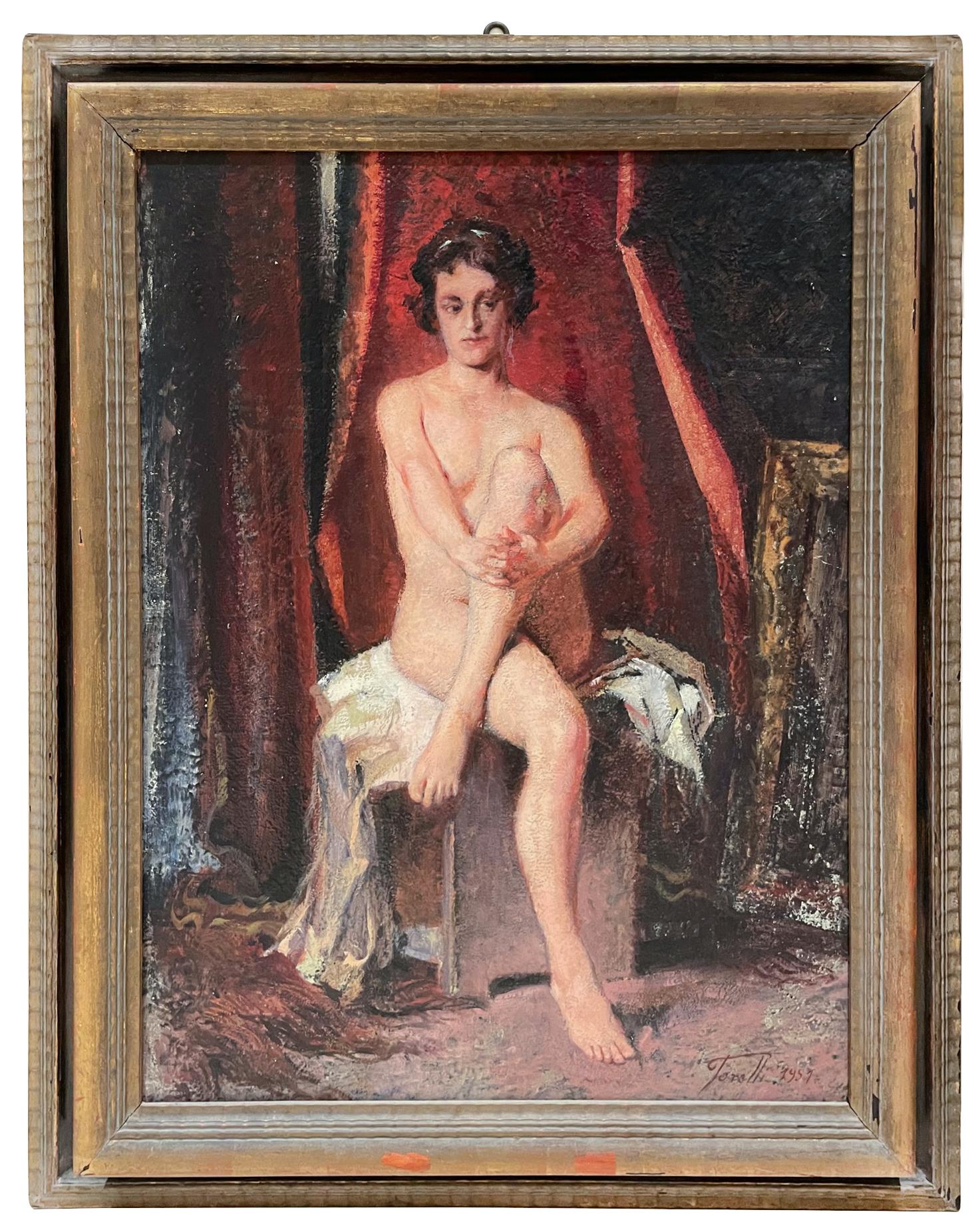 Der sitzende Akt ist ein Kunstwerk von Giuseppe Torelli aus den 1950er Jahren. 

Öl auf Karton.

64x48 cm mit Rahmen. 

Handsigniert am unteren rechten Rand.