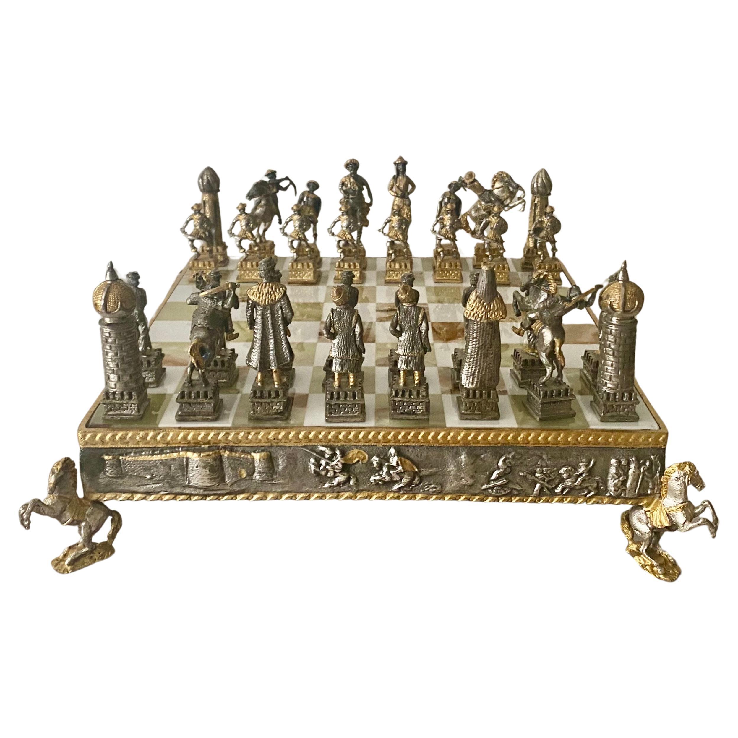 Giuseppe Vasari (1934-2005)  Fine Gilt Metal Chess Set And Marble Game Board 1