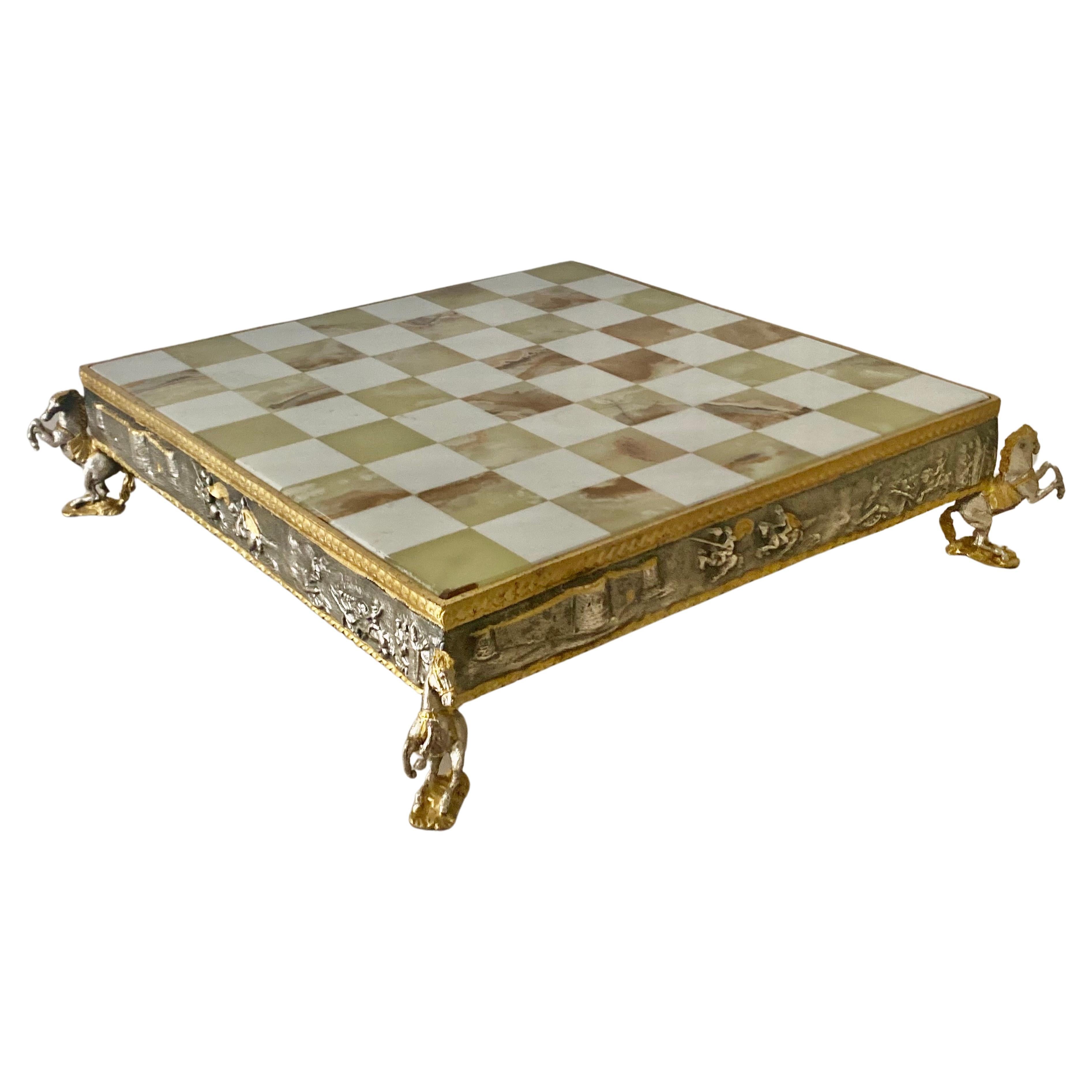 Giuseppe Vasari (1934-2005)  Fine Gilt Metal Chess Set And Marble Game Board 2