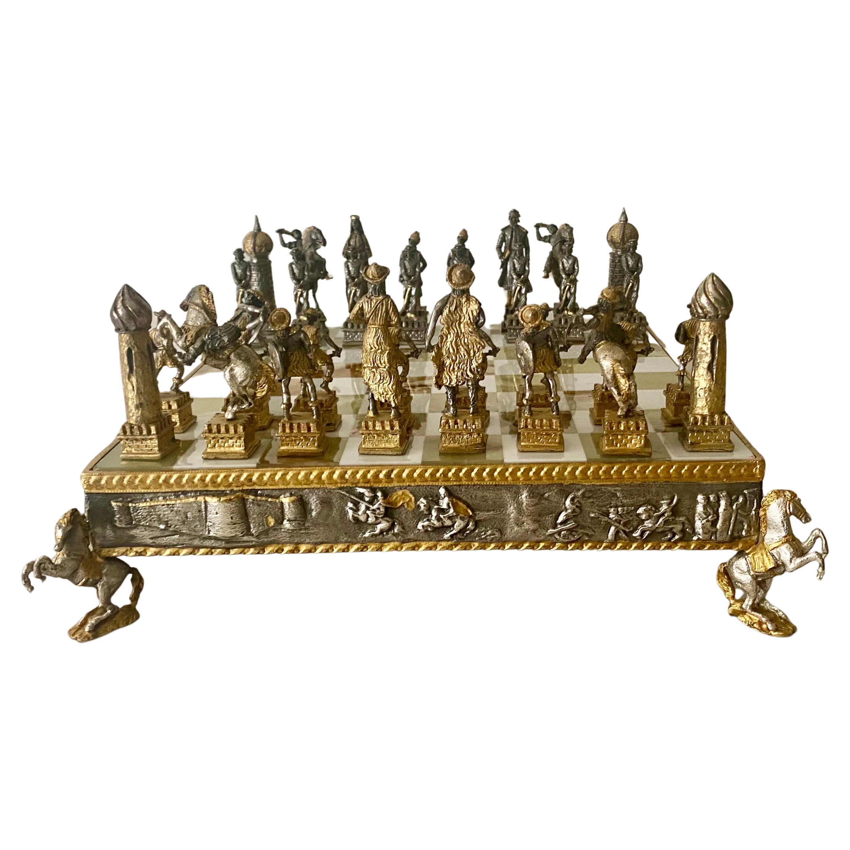 Giuseppe Vasari (1934-2005)  Fine Gilt Metal Chess Set And Marble Game Board 5