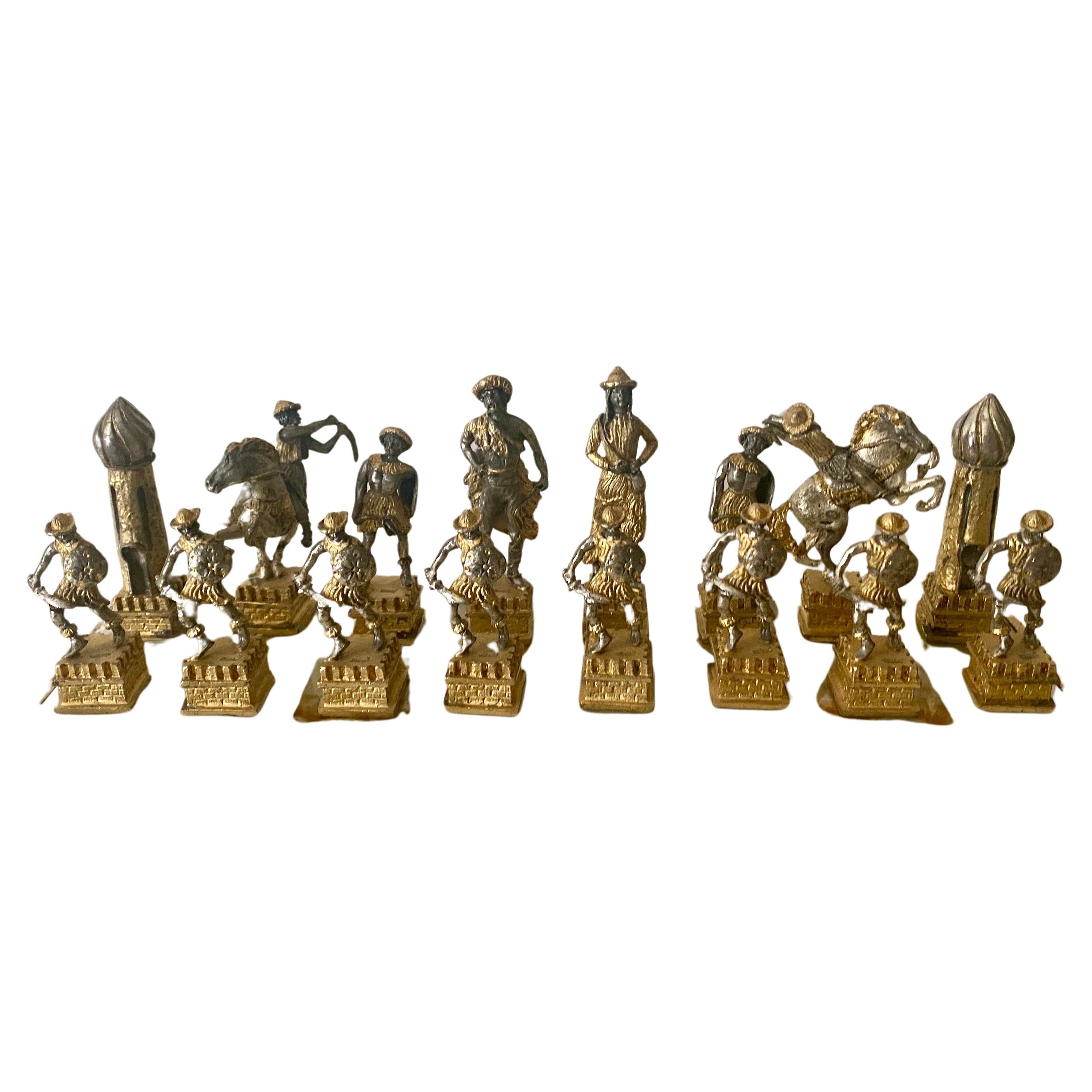 20th Century Giuseppe Vasari (1934-2005)  Fine Gilt Metal Chess Set And Marble Game Board