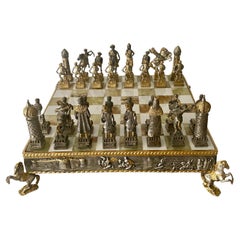 Vintage Giuseppe Vasari (1934-2005)  Fine Gilt Metal Chess Set And Marble Game Board