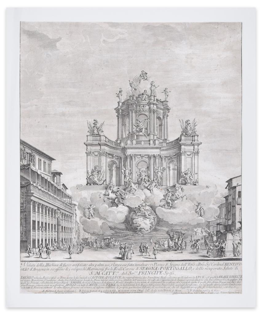 Artificial Fire Machine is an original black and white etching realized by Giuseppe Vasi in 1728.

Original title: "Veduta della Machina di fuoco artifiziato"

Good condistion except for a cutaway on the lower-left angle and some small