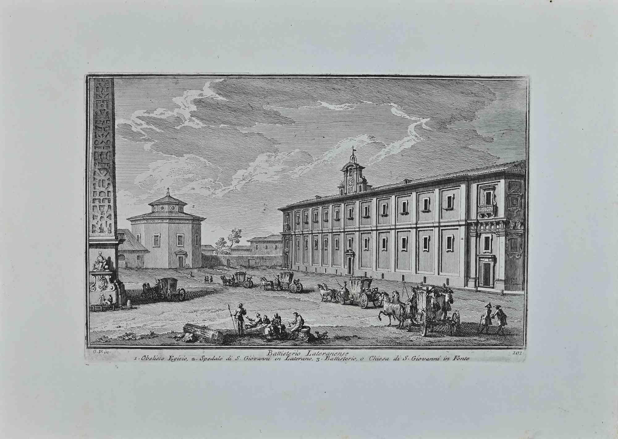 Battistero Lateranese is an original etching of the Late 18th century realized by Giuseppe Vasi.

Signed and titled on plate lower margin. 

Good conditions.

Giuseppe Vasi  (Corleone,1710 - Rome, 1782) was an engraver, architect, and landscape
