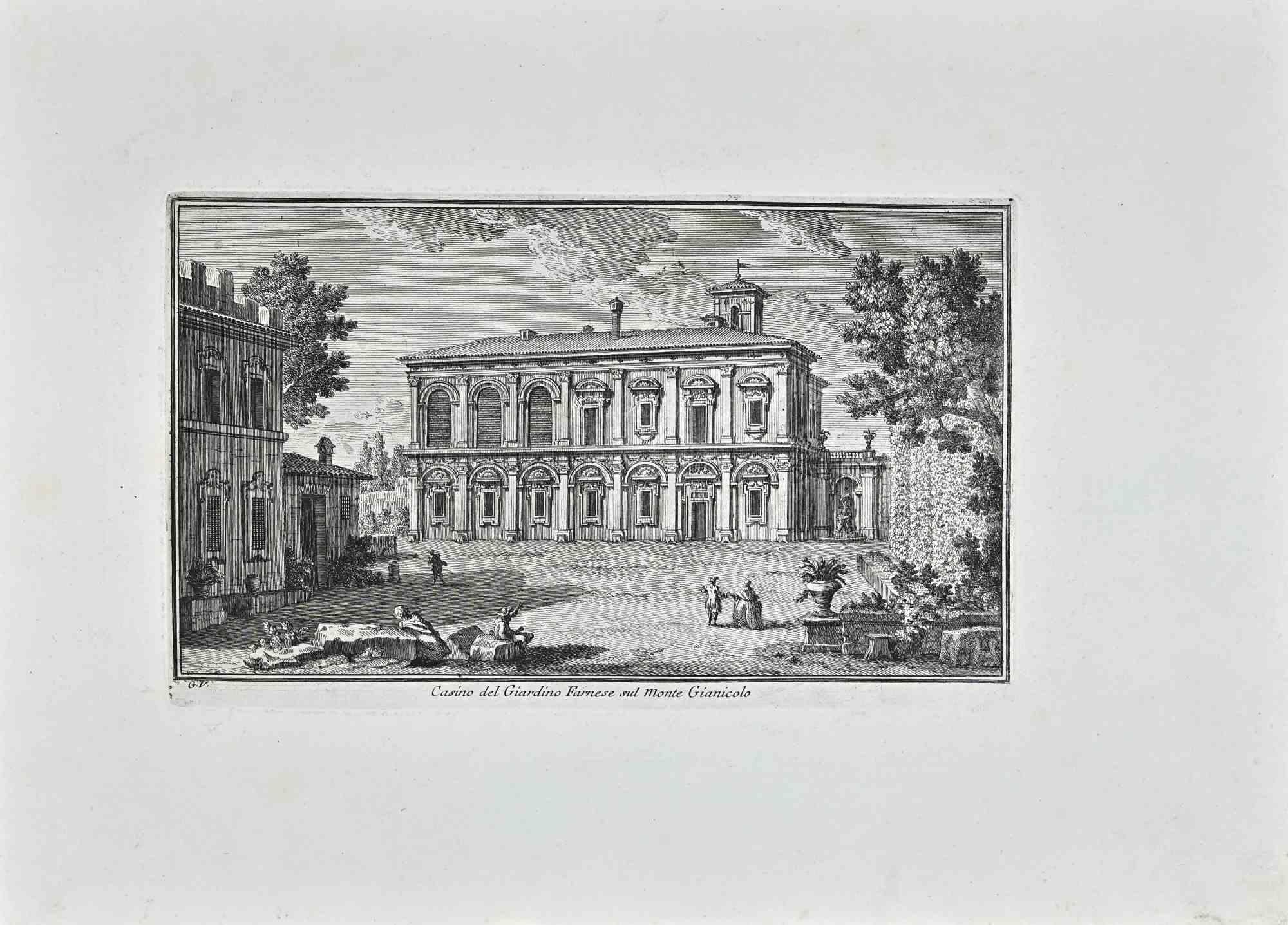 Casino del Giardino Farnese sul monte Gianicolo is an original etching of the Late 18th century realized by Giuseppe Vasi.

Signed and titled on plate lower margin. 

Good conditions.

Giuseppe Vasi  (Corleone,1710 - Rome, 1782) was an engraver,
