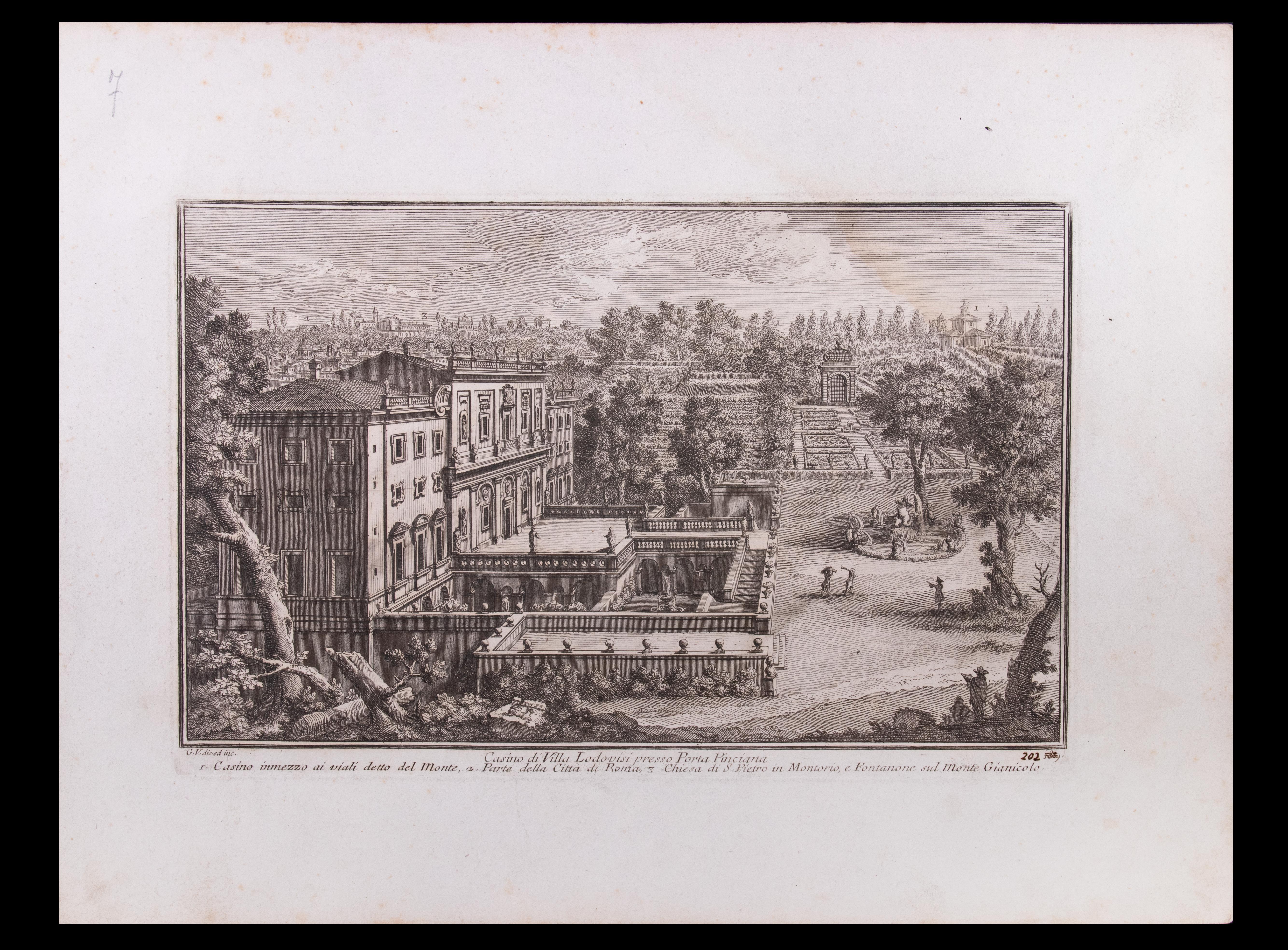 Il Casino di Villa Lodovisi presso Porta Pinciana è un'incisione originale della fine del XVIII secolo realizzata da Giuseppe Vasi.

Firmato e intitolato sul margine inferiore della lastra. 

Buone condizioni, tranne che per i margini consumati con