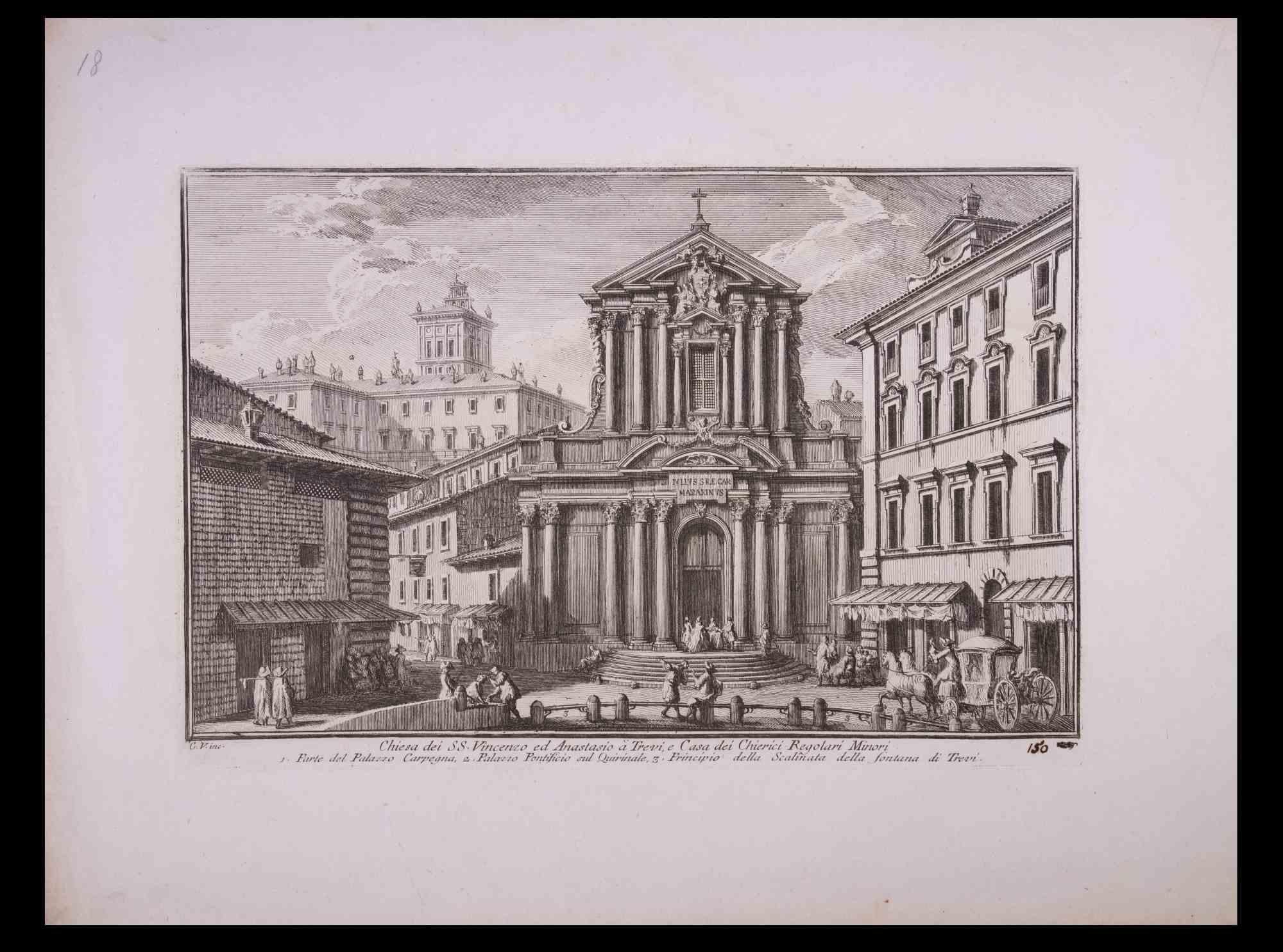 Giuseppe Vasi Figurative Print -  Chiesa dei SS. Vincenzo ed Anastasio - Etching by G. Vasi - Late 18th Century