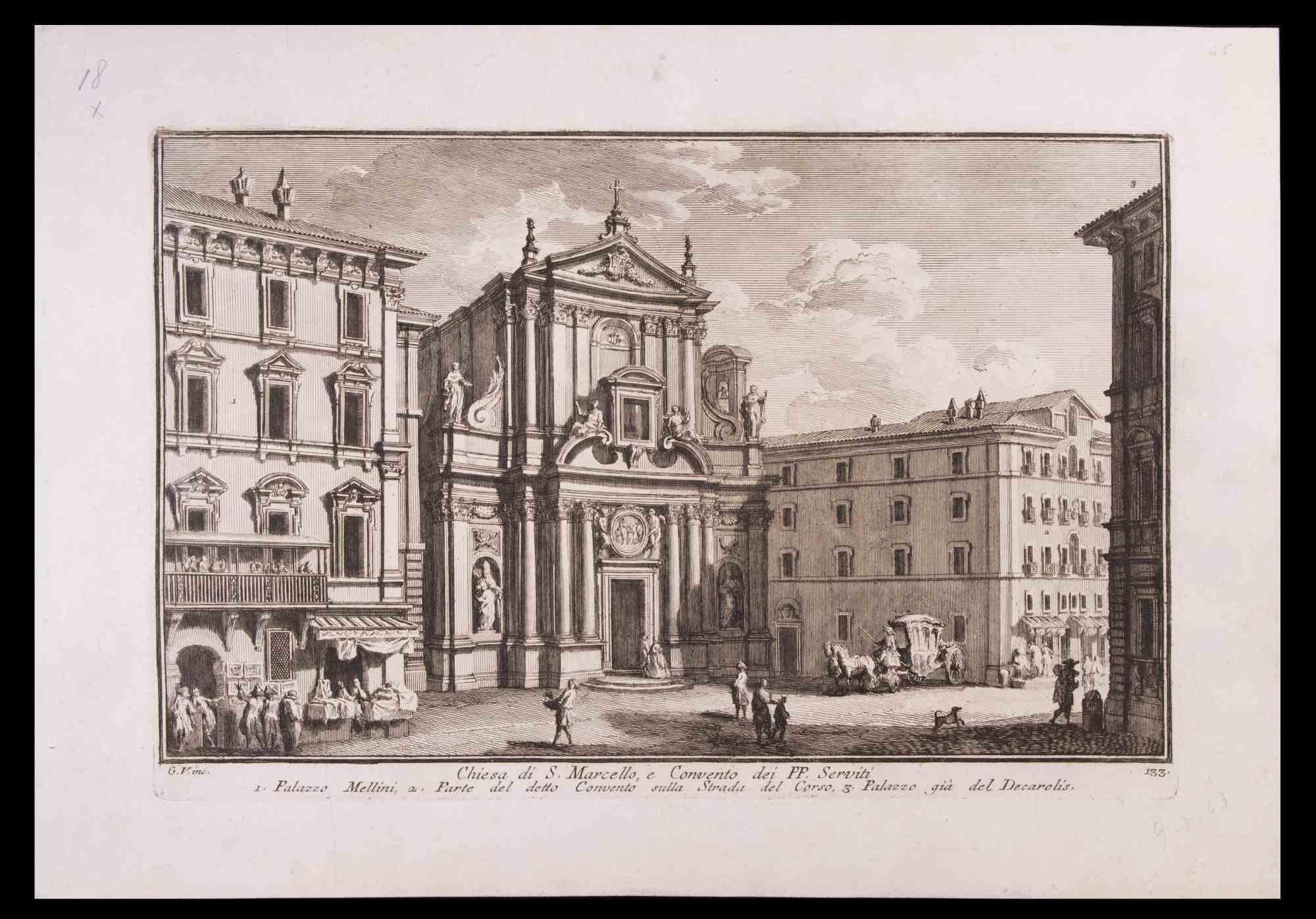 Chiesa di S. Marcello ist eine Schwarz-Weiß-Radierung aus dem späten 18. Jahrhundert von Giuseppe Vasi.

Signiert und betitelt am unteren Rand der Platte. 

Gute Bedingungen und gealterte Ränder mit einigen Stockflecken.

Giuseppe Vasi  (Corleone,