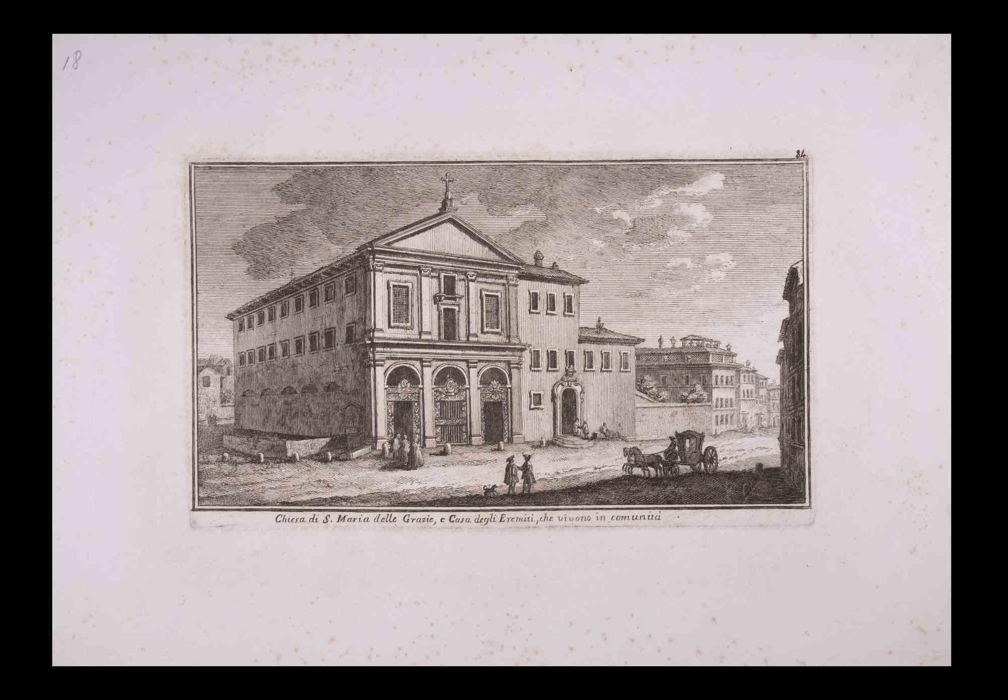 Chiesa di S. Maria delle Grazie is an original black and white etching of the Late 18th century realized by Giuseppe Vasi.

Signed and titled on plate lower margin. 

Good conditions and aged margins with some foxing.

Giuseppe Vasi  (Corleone,1710
