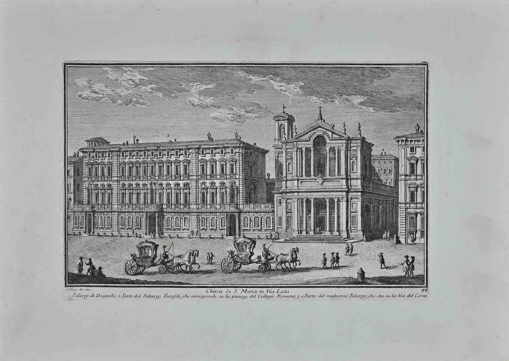 Chiesa di S. Maria in Via Lata est une gravure originale de la fin du XVIIIe siècle réalisée par Giuseppe Vasi.

Signé et titré sur la plaque dans la marge inférieure. 

Bonnes conditions.

Giuseppe Vasi  (Corleone, 1710 - Rome, 1782) était un