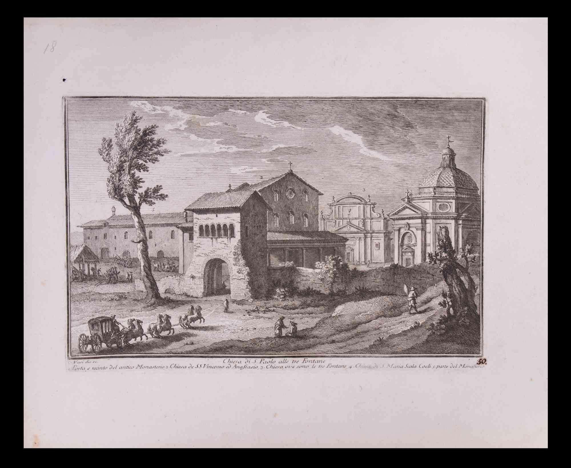 Figurative Print Giuseppe Vasi - Chiesa di S. Paolo alle Tre Fontane - Fontane italienne  - Gravure de G. Vasi - Fin du XVIIIe siècle