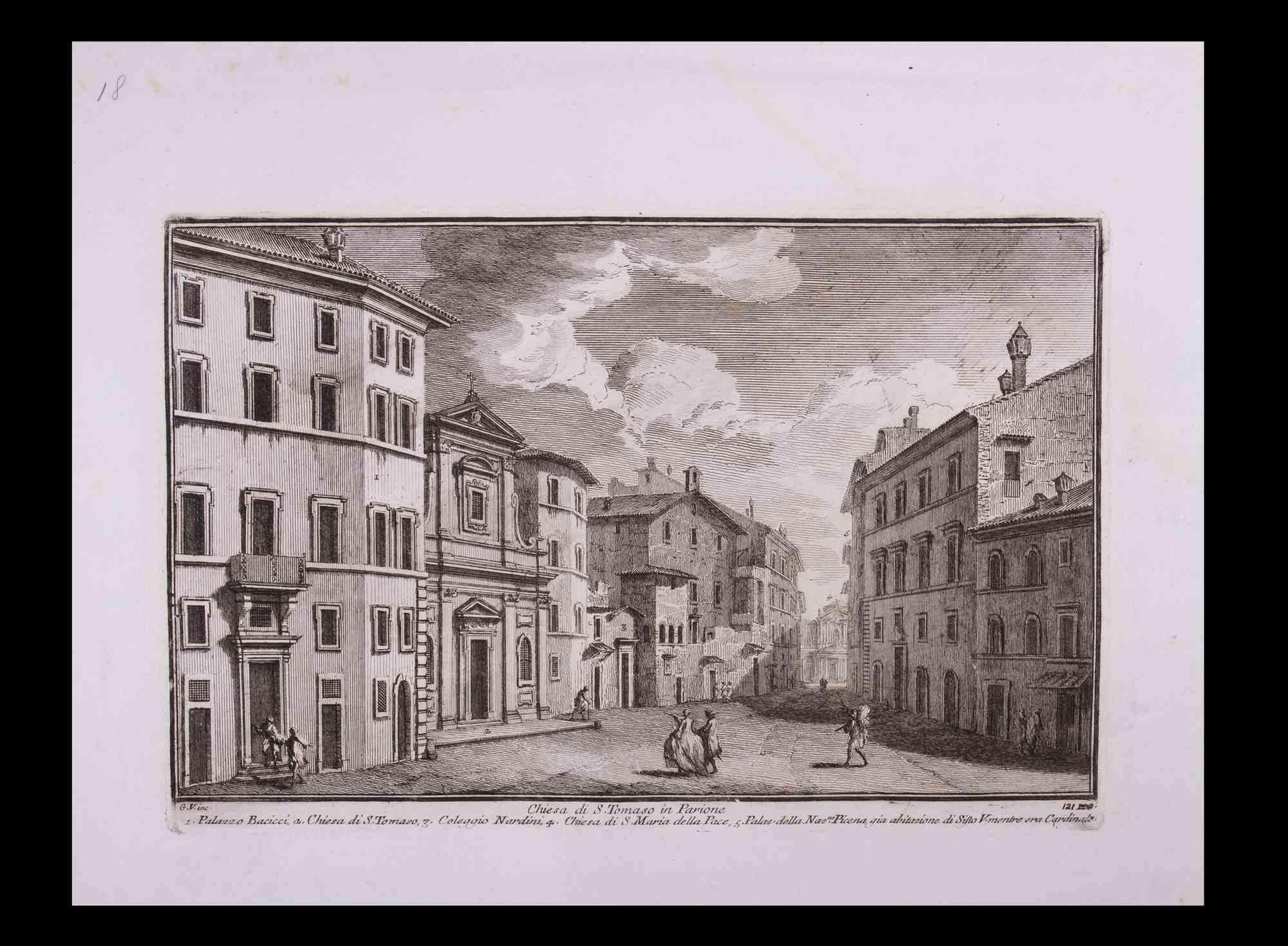 Chiesa di S. Tomaso in Parione is an original black and white etching of the Late 18th century realized by Giuseppe Vasi.

Signed and titled on plate lower margin. 

Good conditions and aged margins with some foxing.

Giuseppe Vasi  (Corleone,1710 -