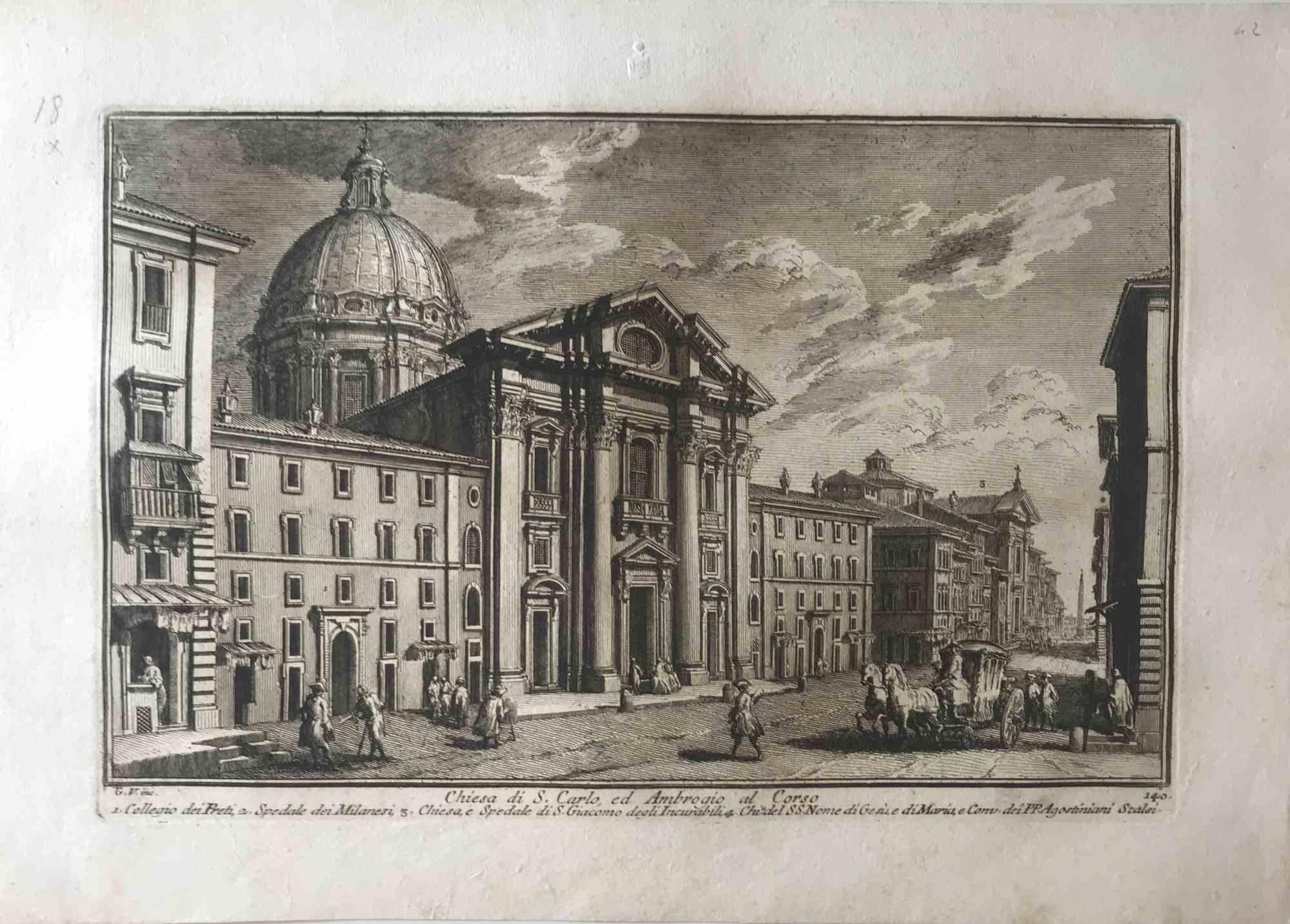 Giuseppe Vasi Landscape Print - Chiesa di S.Carlo ed Ambrogio al Corso - Etching by G. Vasi - 18th century